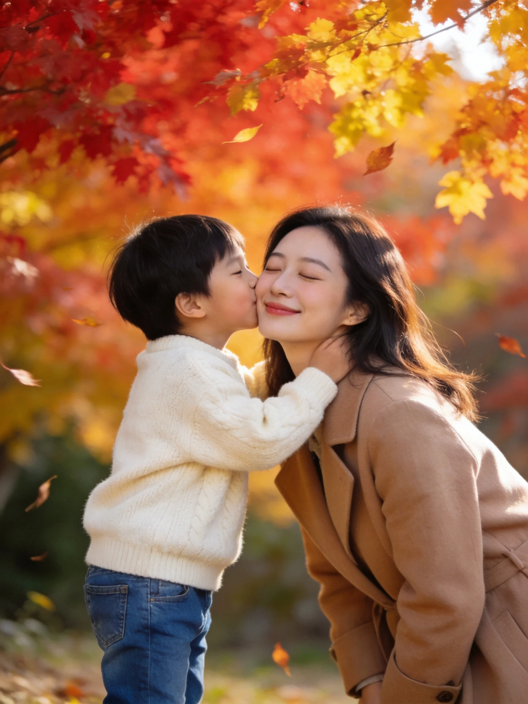 A child kisses a woman among vibrant fall foliage with red and golden leaves