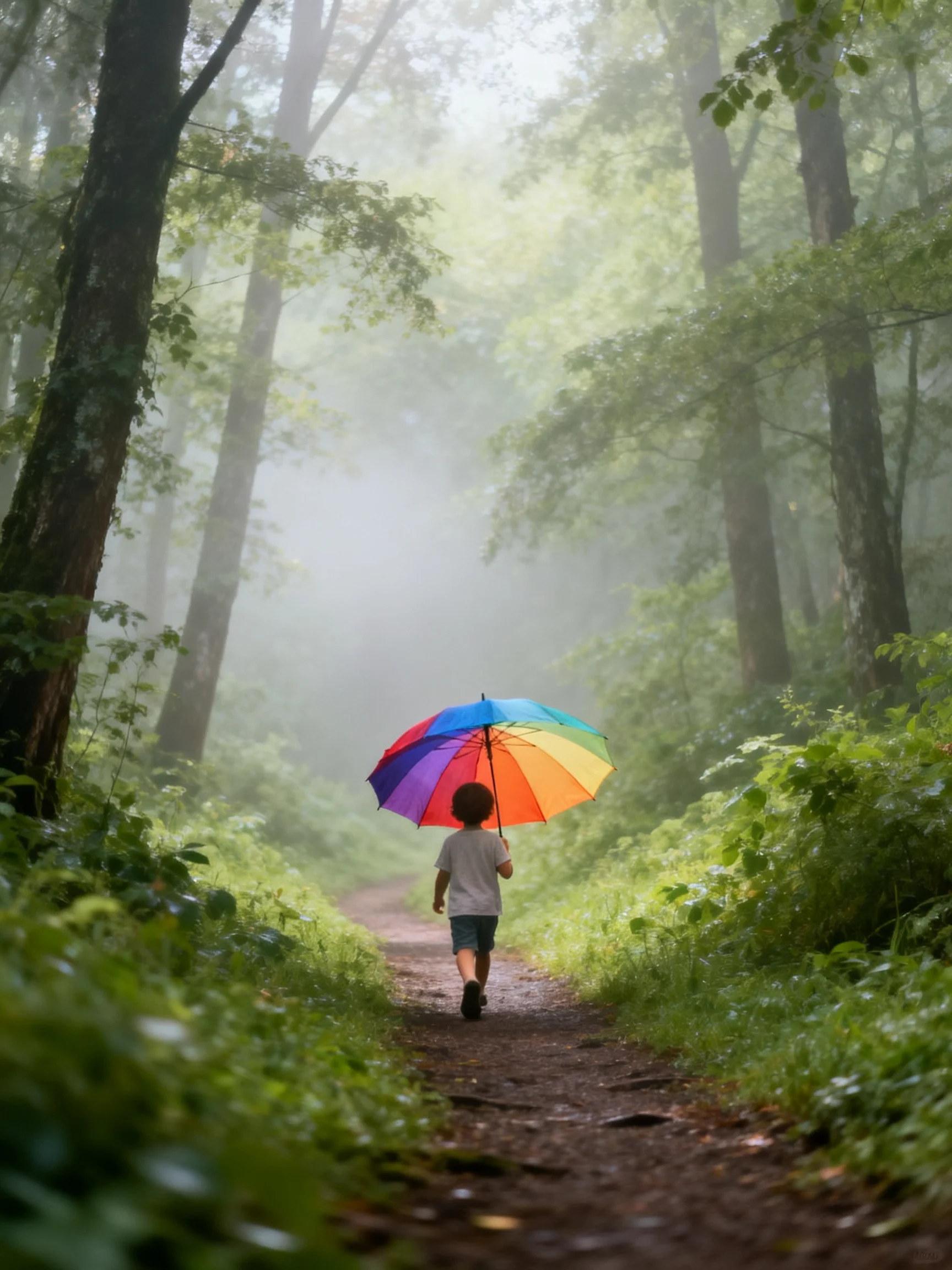 A child walks down a misty forest path with a colorful rainbow umbrella