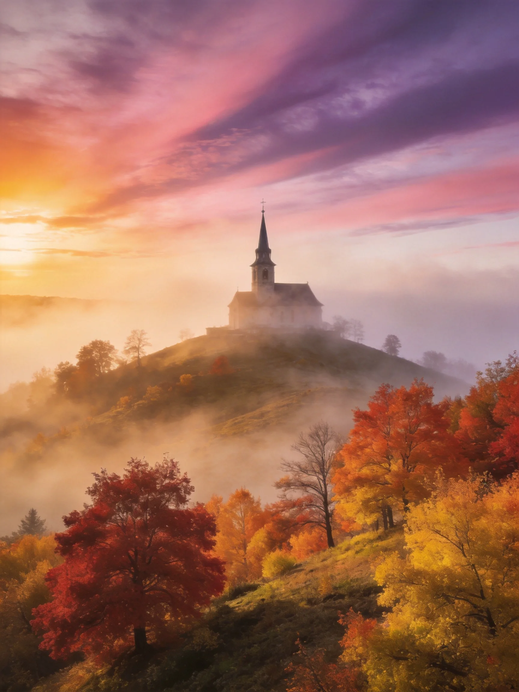 A church atop a misty hill with vibrant autumn trees under a colorful sunset sky