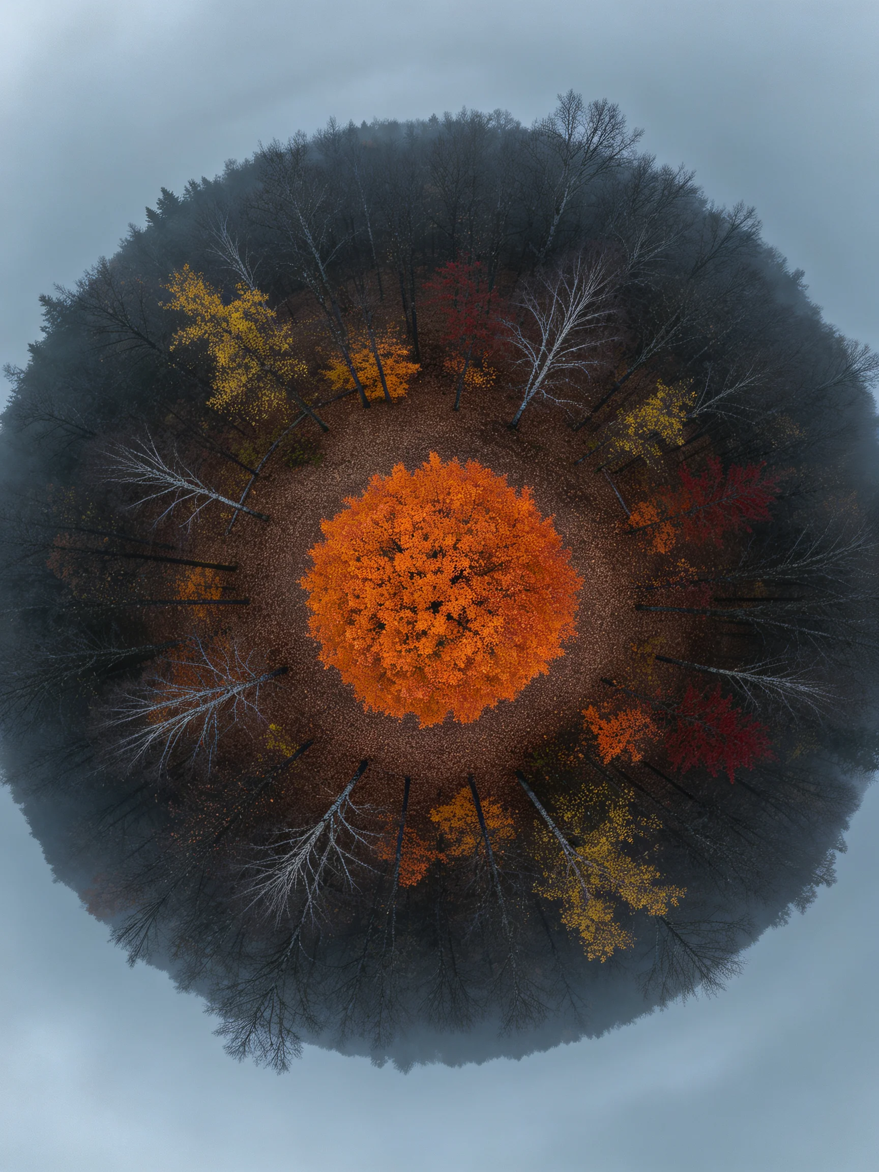 A circular aerial view of a forest centered by a bright orange tree