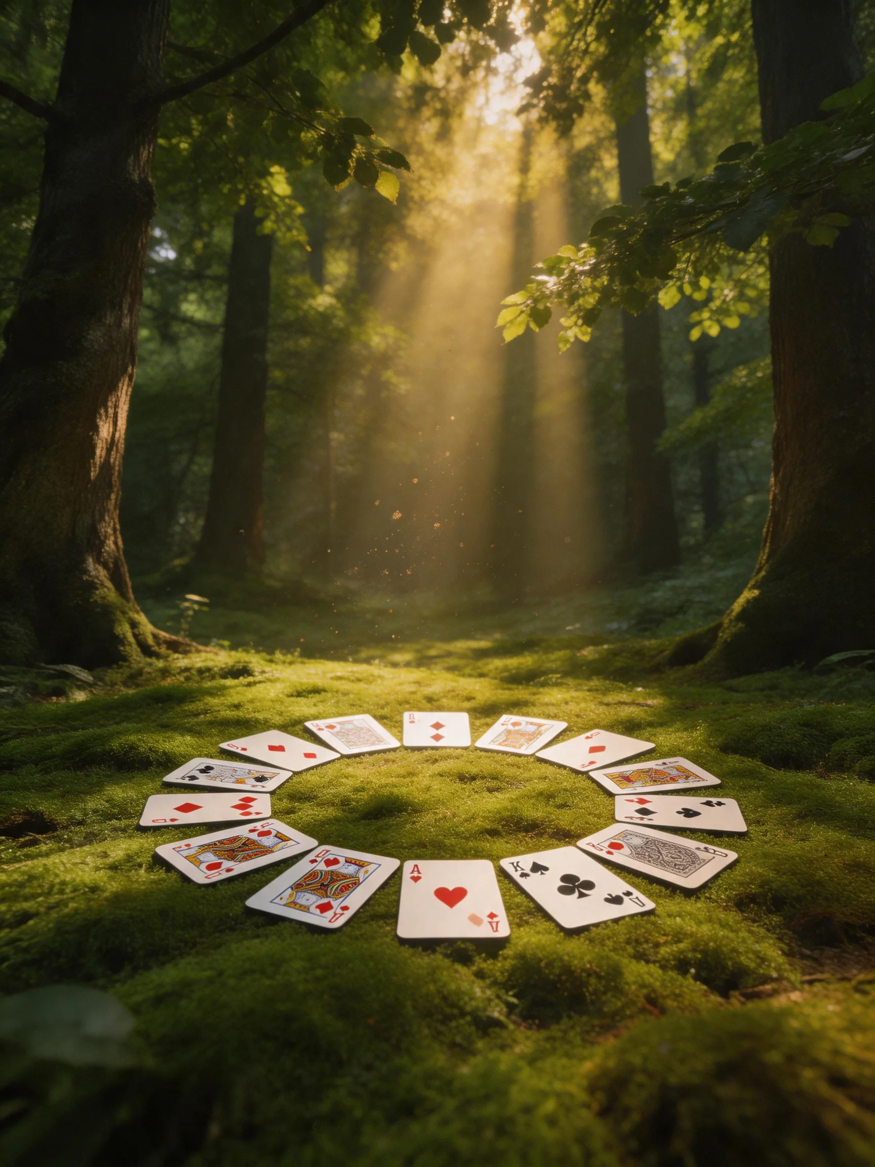 A circular arrangement of playing cards in an enchanted forest glade