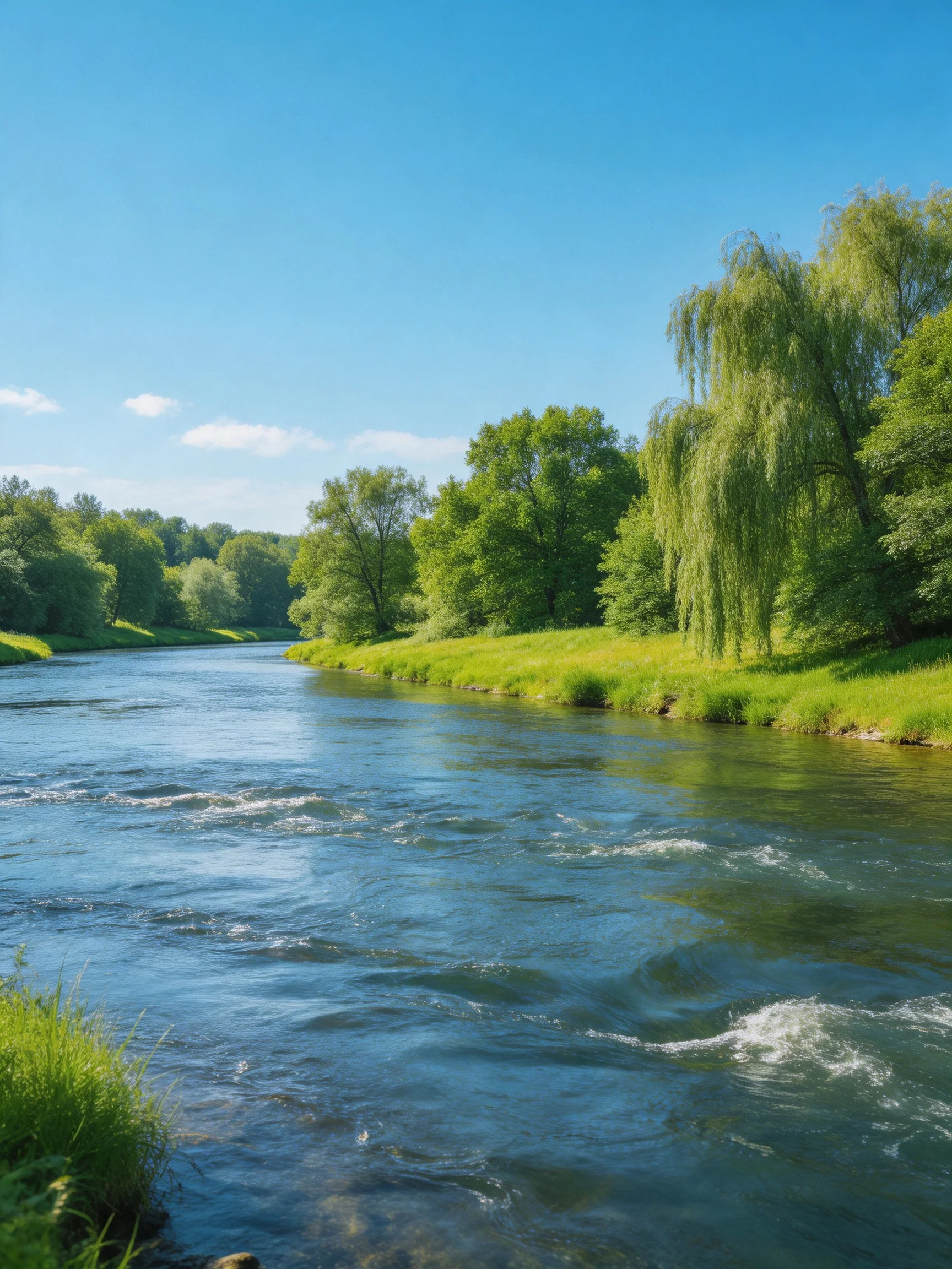 A clear blue river flows through lush green landscapes with weeping willows
