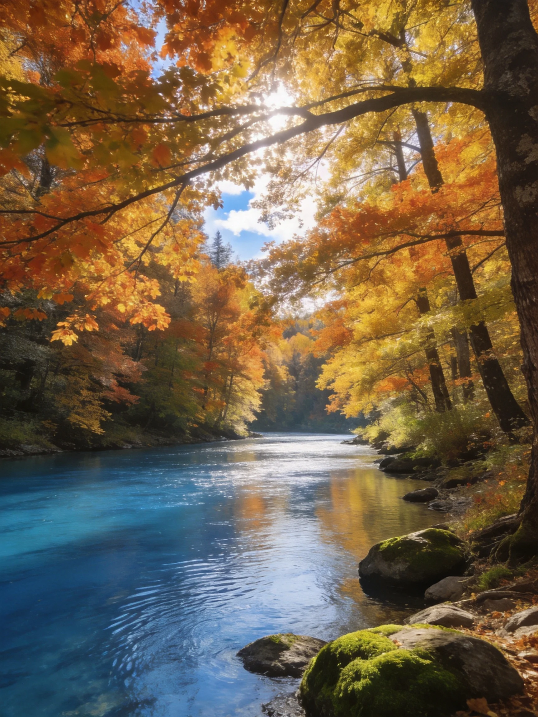 A clear blue river winds through a forest with golden-orange autumn trees