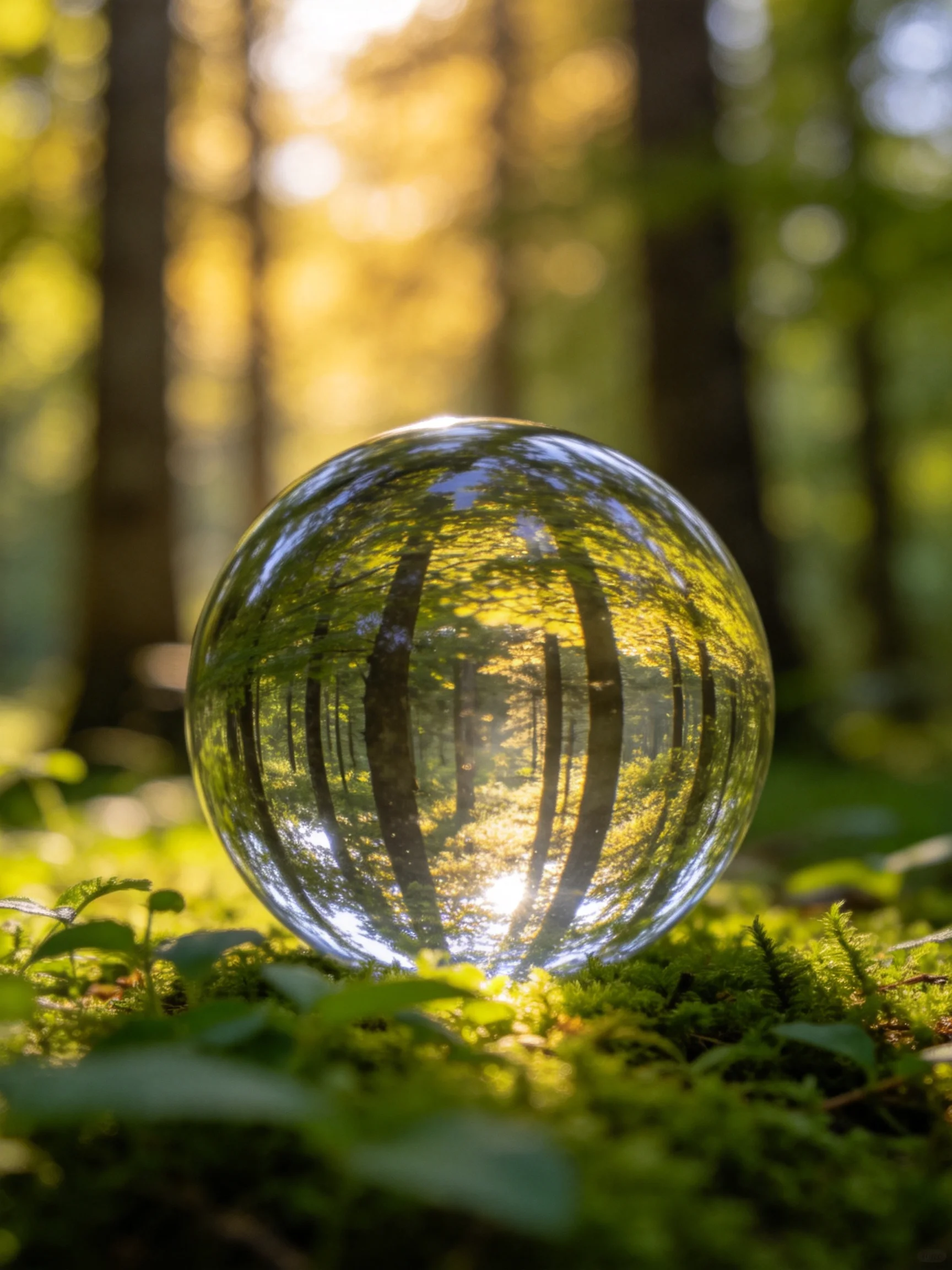 A clear glass orb reflects a sunlit forest landscape