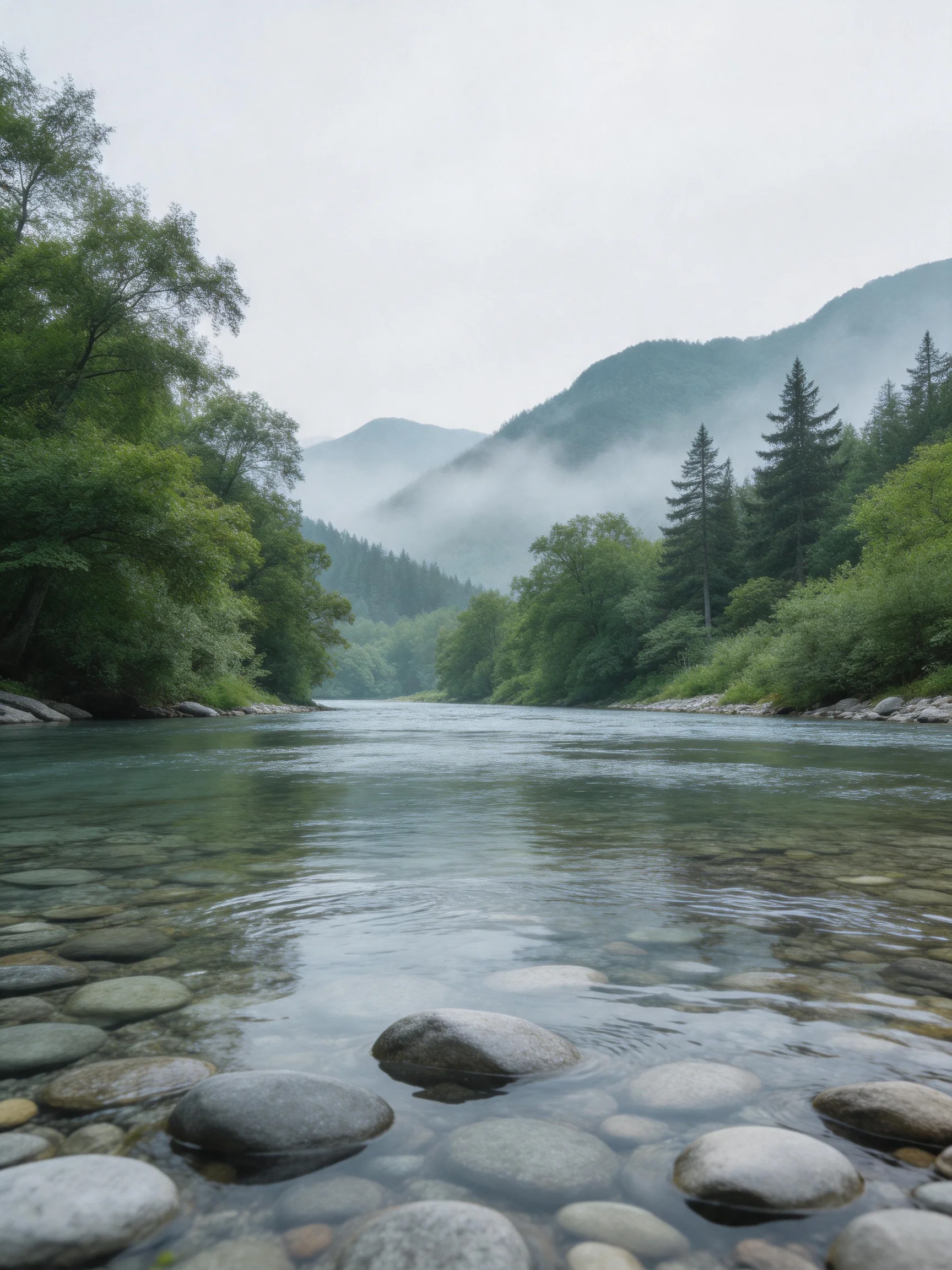 A clear river winds through lush green forests near misty mountains