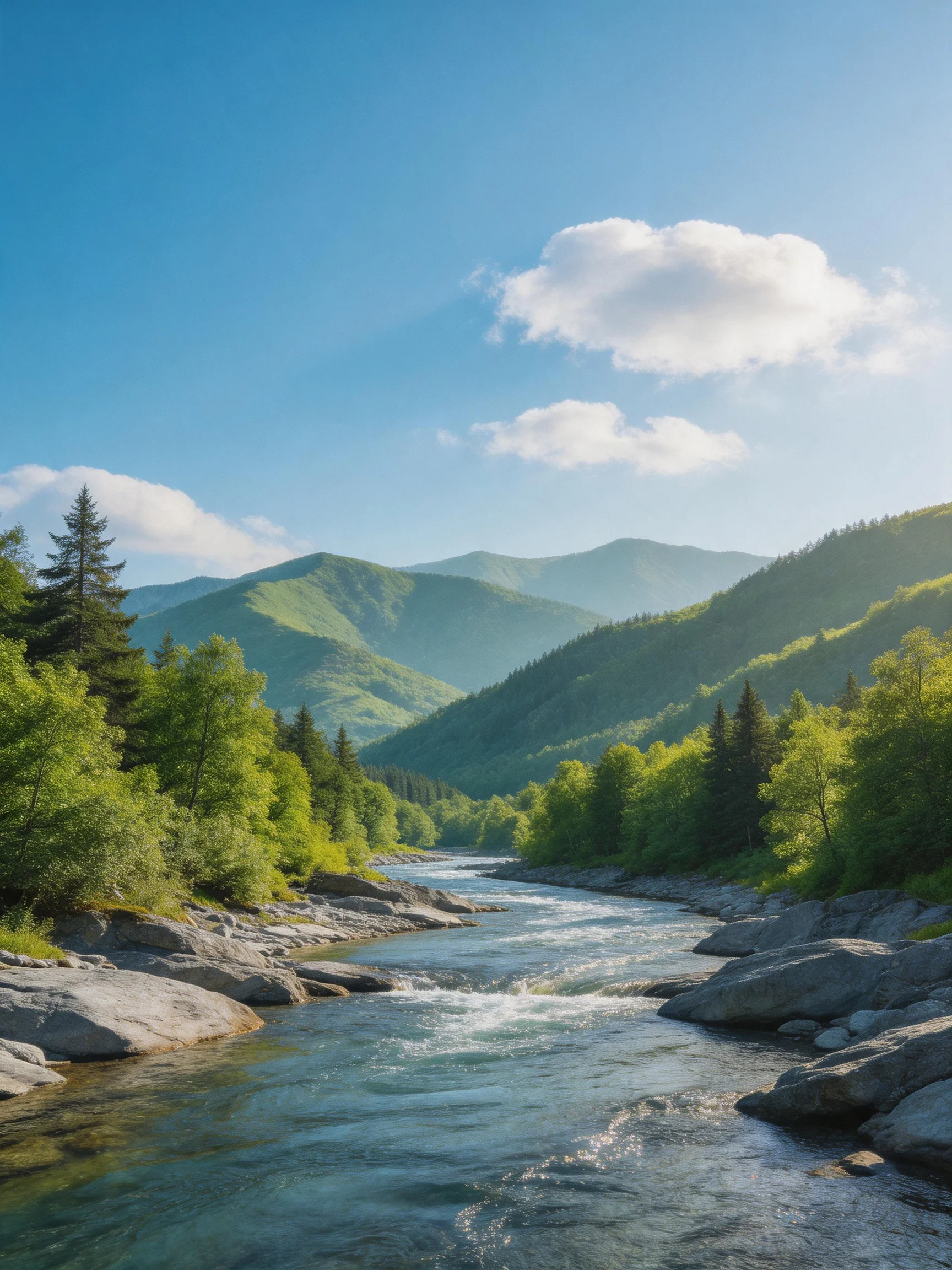 A clear river winds through rocky terrain amid lush green forests and distant mountains
