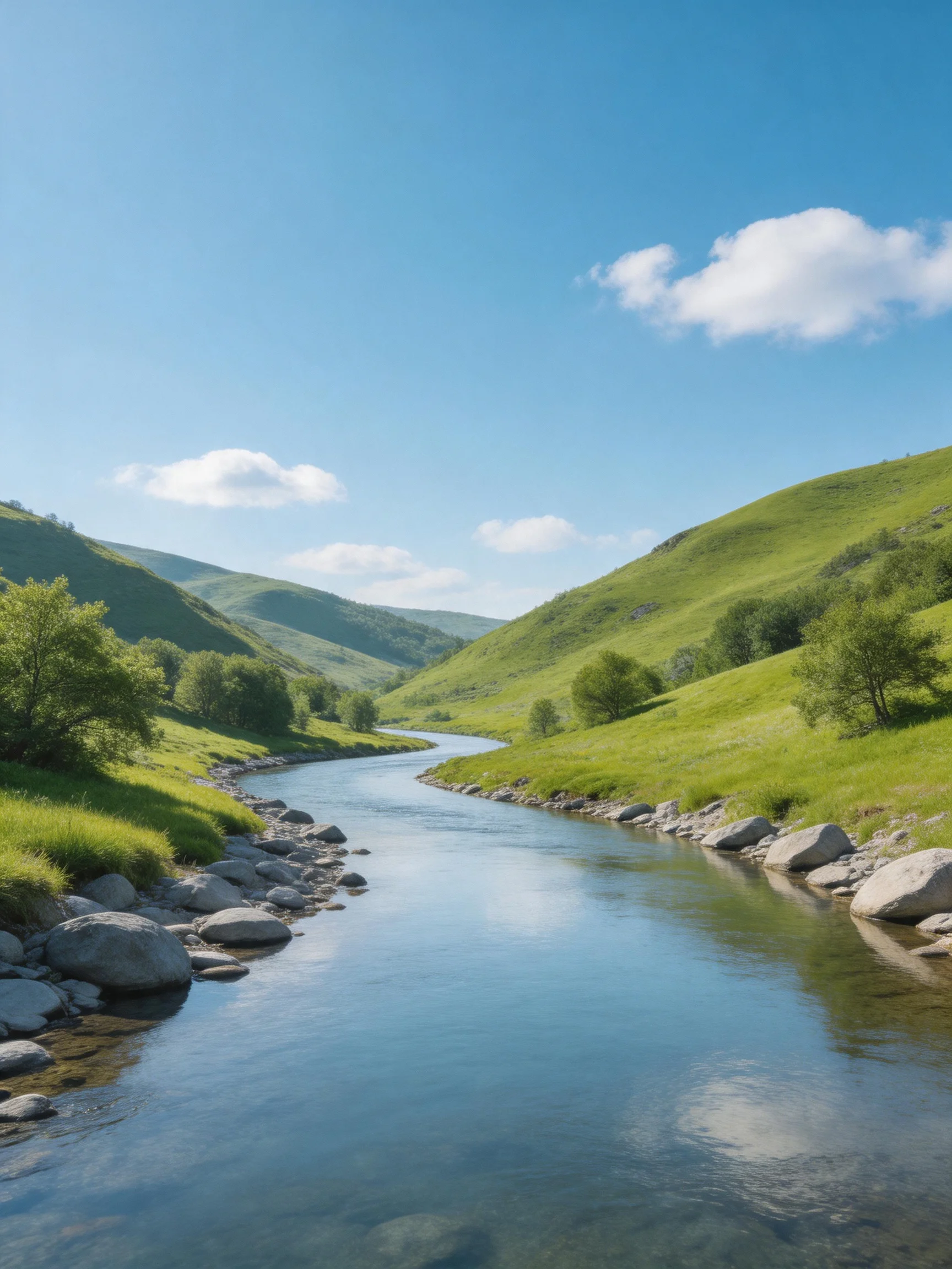 A clear stream winds through vibrant green hills under a bright blue sky
