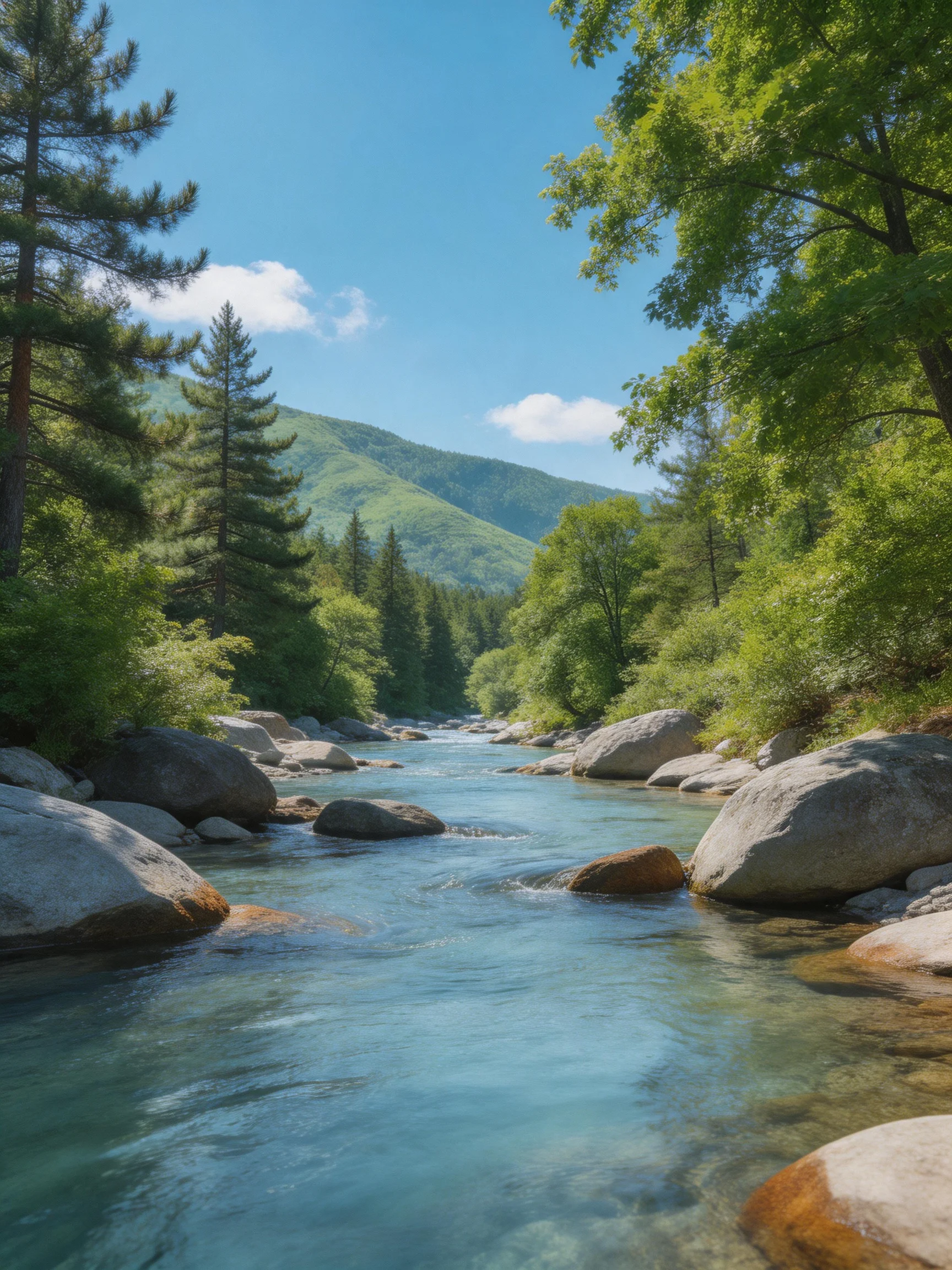 A clear turquoise river flows among large rocks and lush green forests