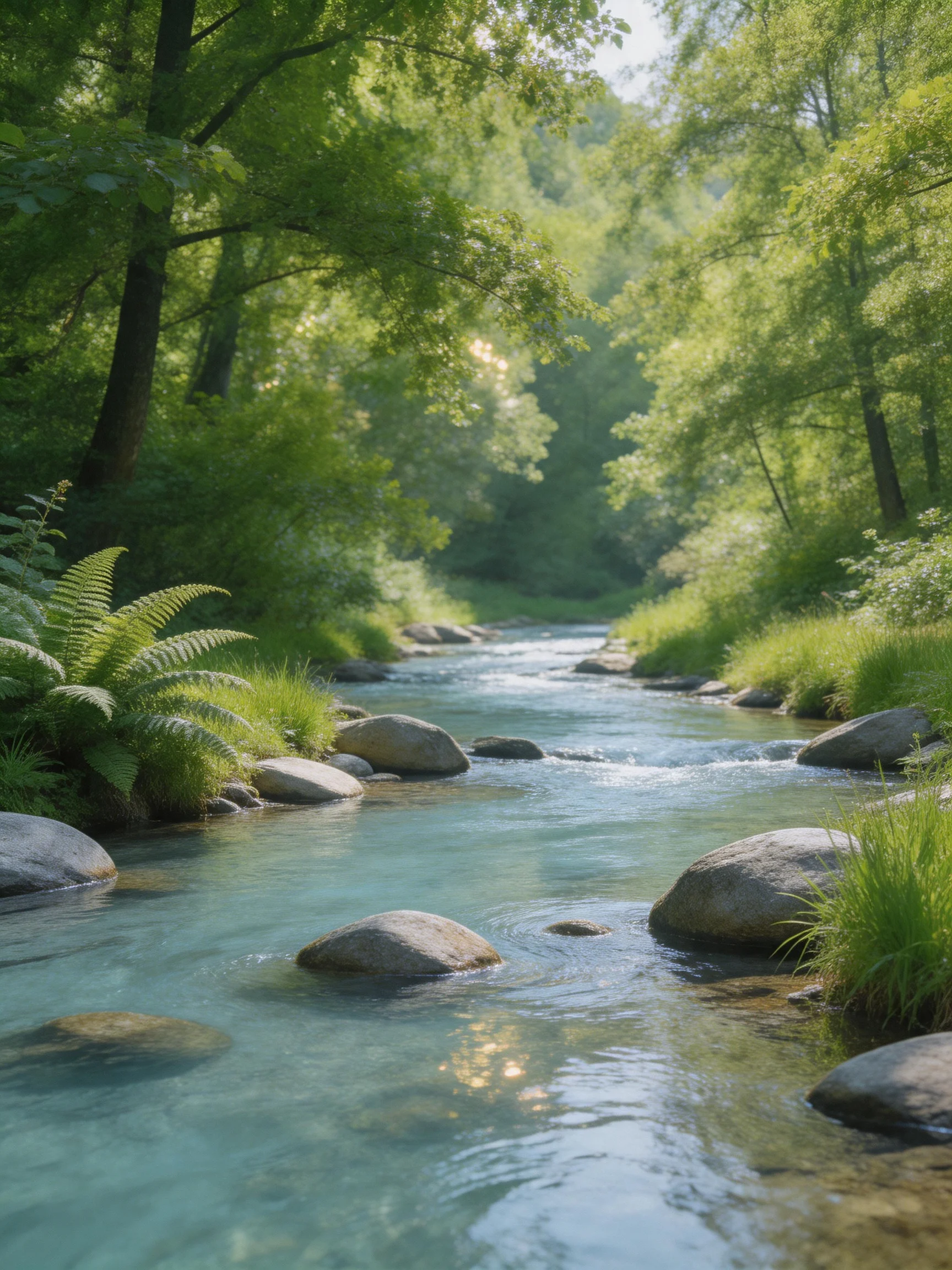 A clear turquoise stream winds through lush green forest with scattered rocks