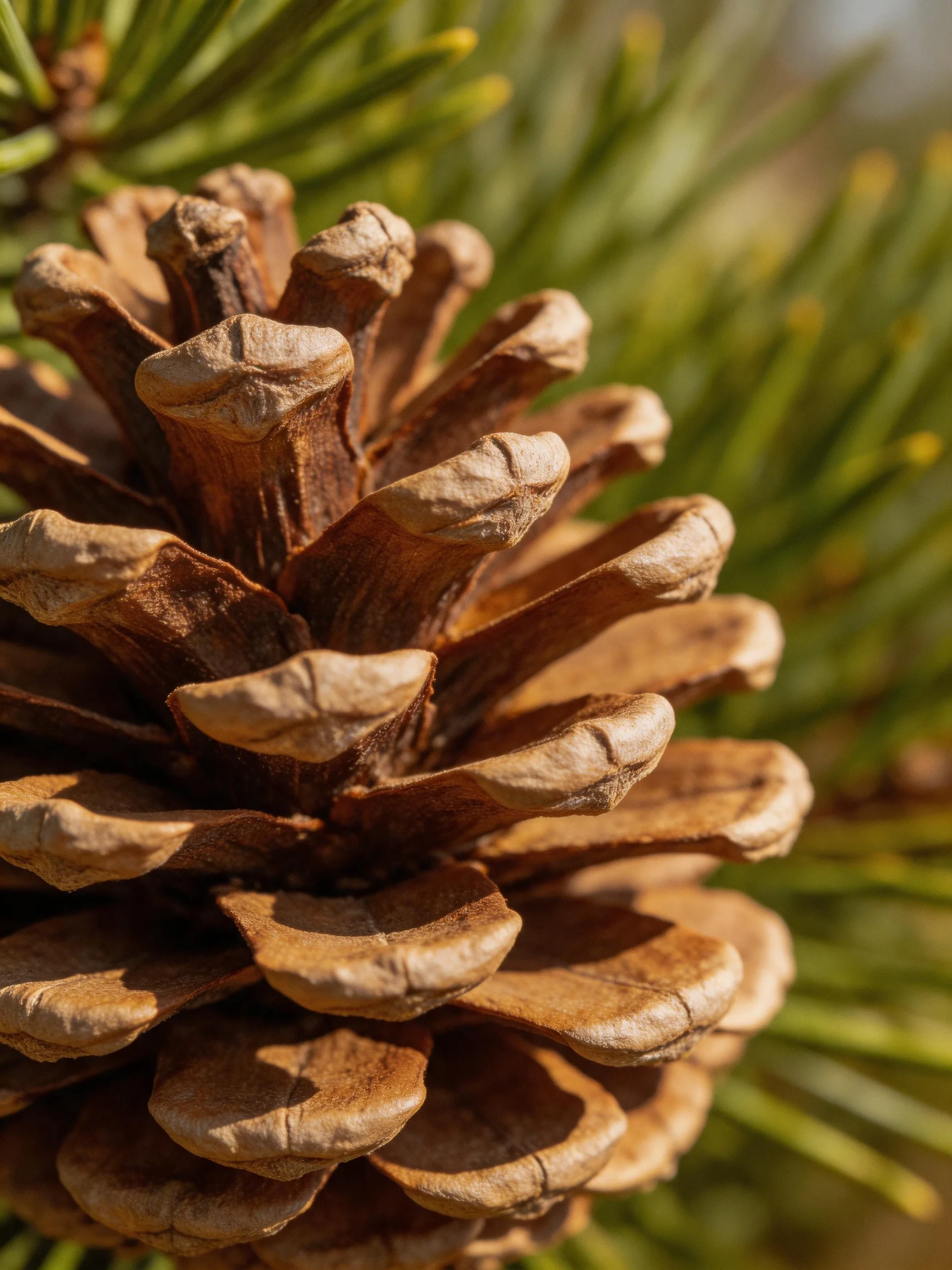 A close - up of a textured brown pine cone with green foliage