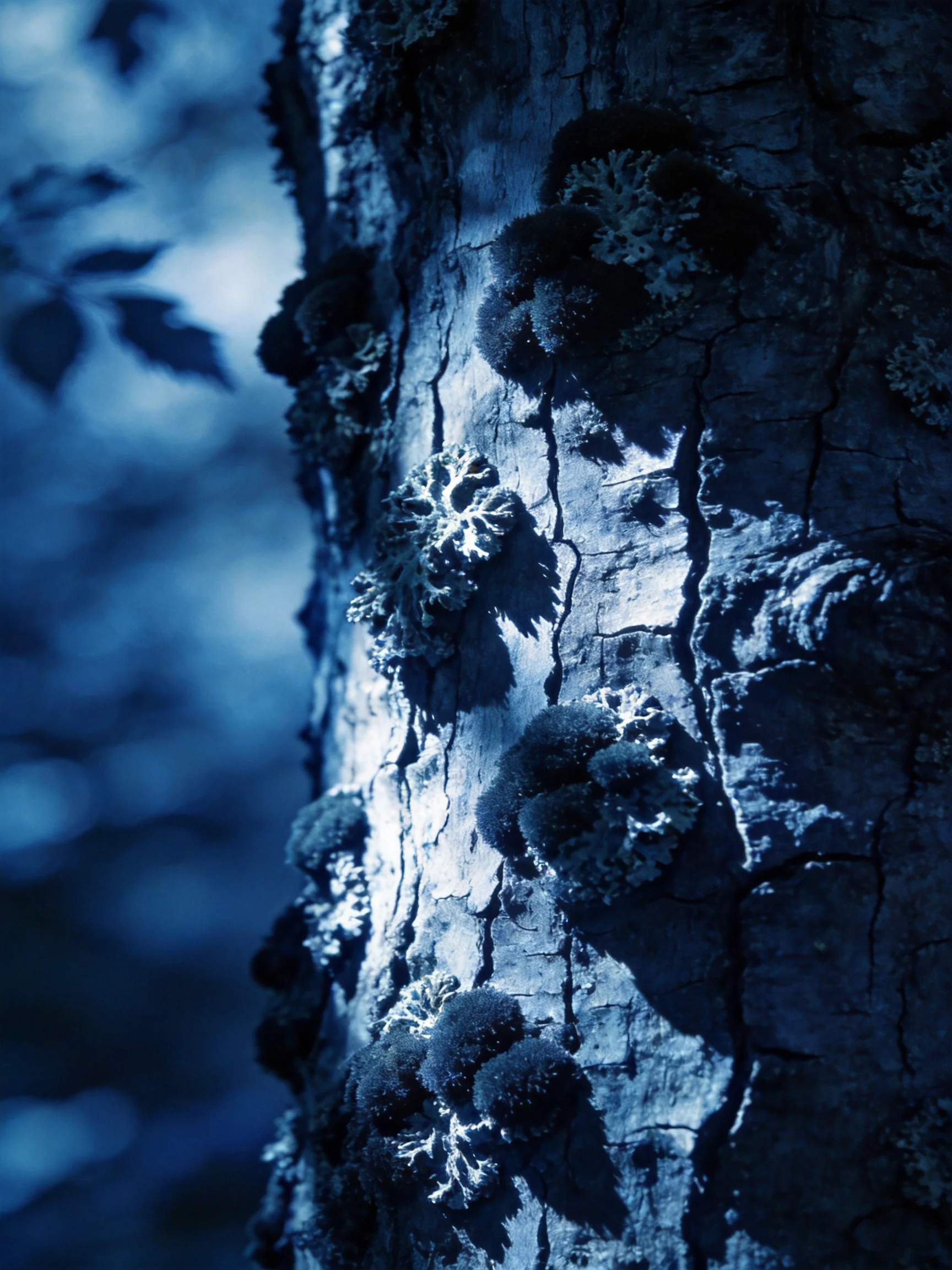 A close - up of a tree trunk with dark blue lichen and cracked bark