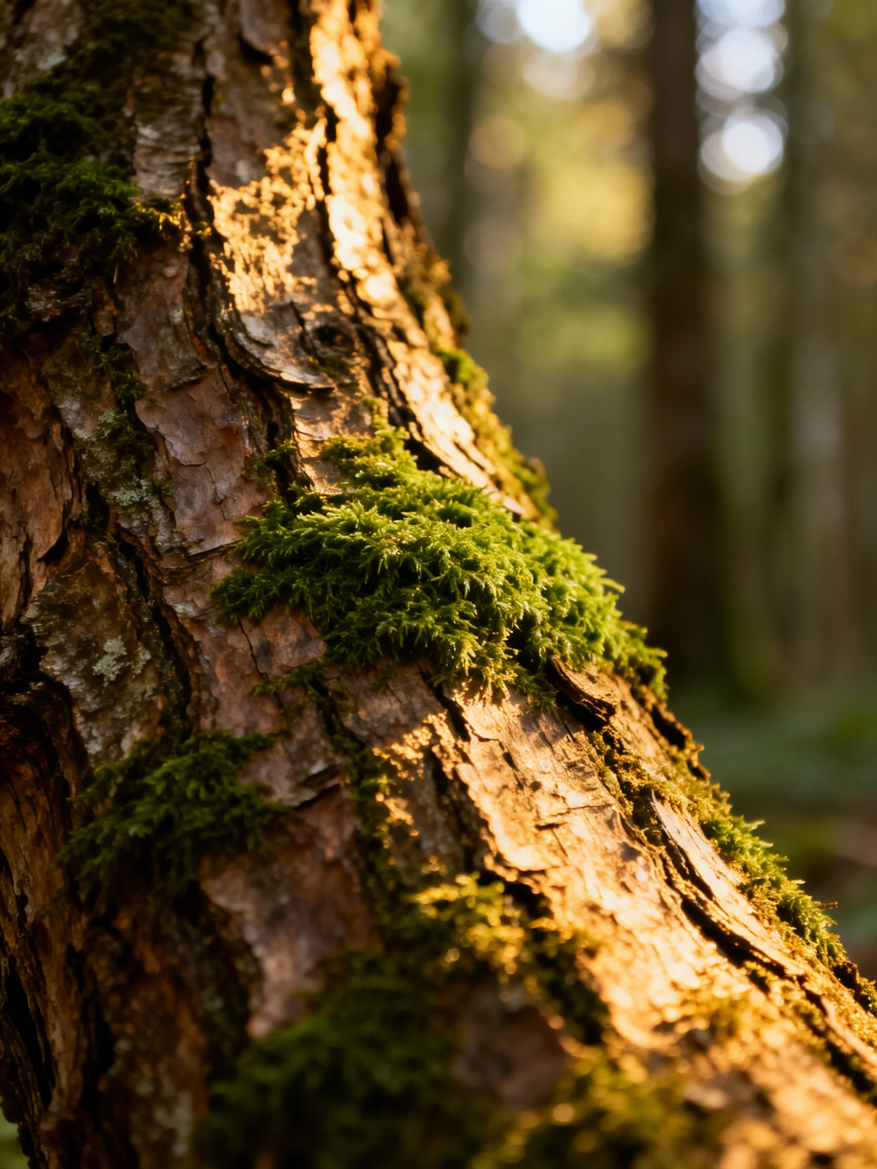 A close - up of a tree trunk with lush green moss under golden sunlight