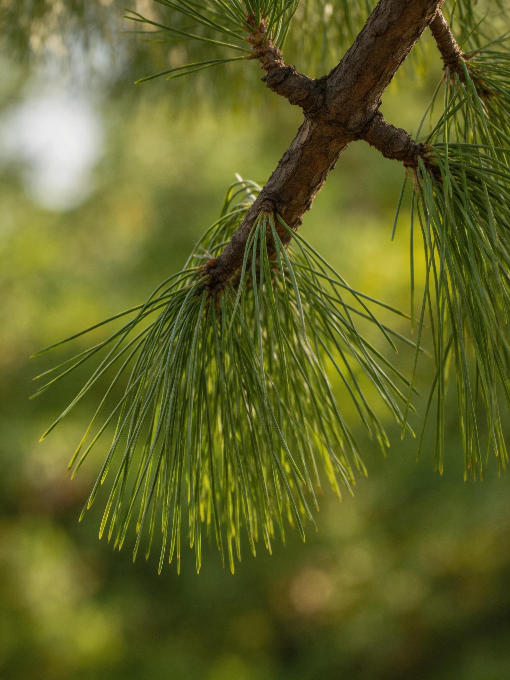 A close-up of a pine tree branch with clustered long green needles