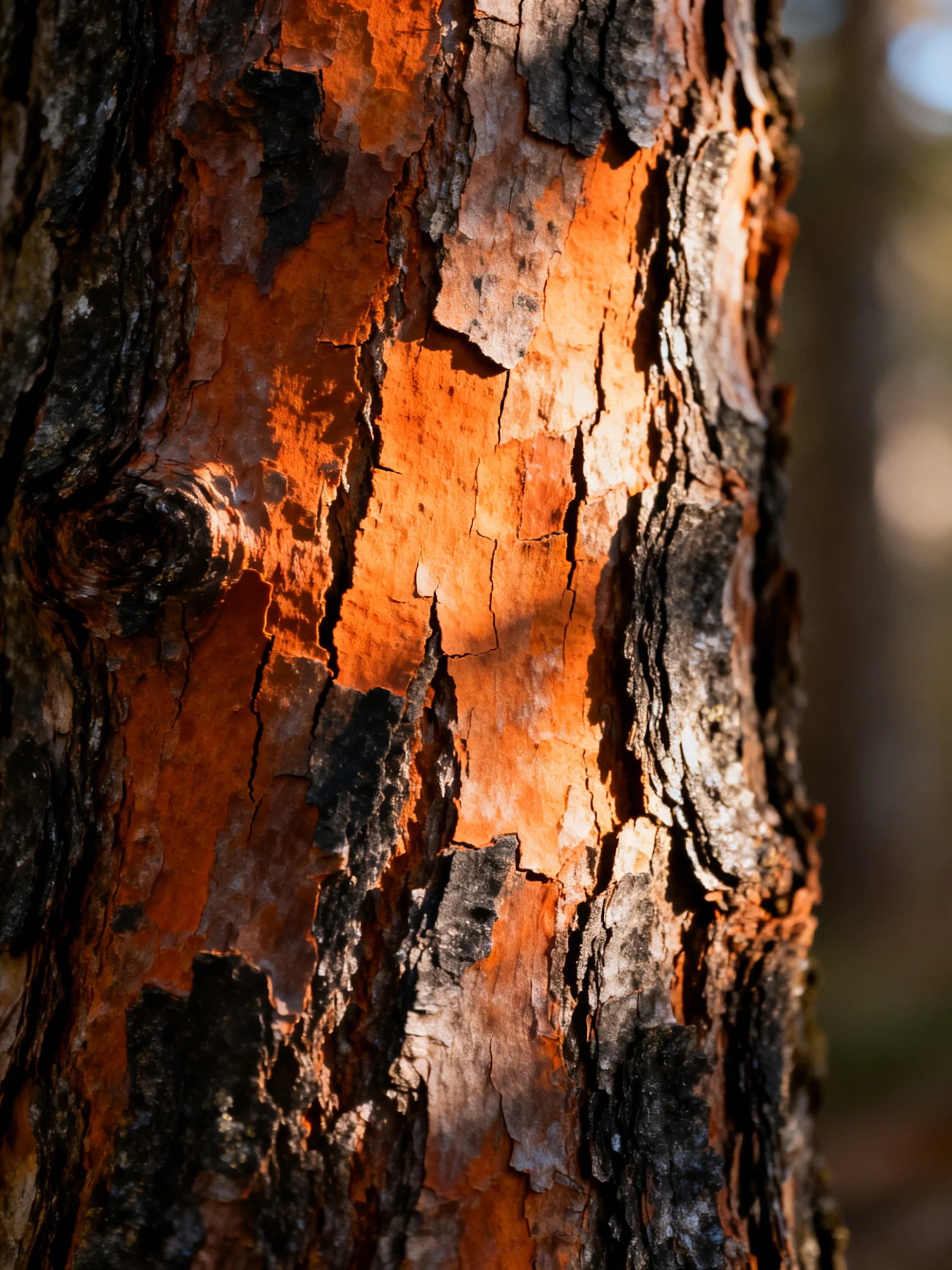 A close-up of a tree trunk with peeling orange and dark bark