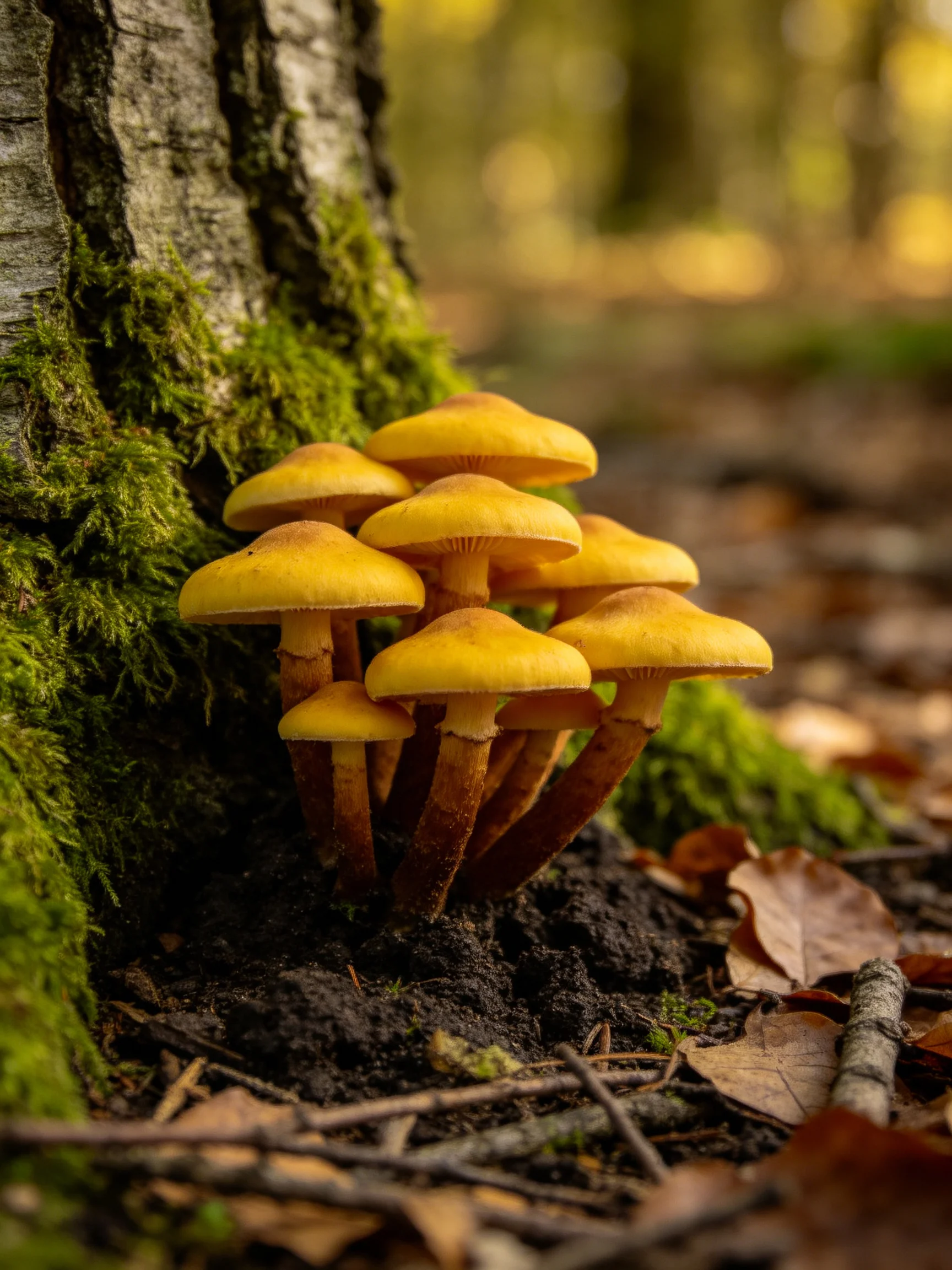 A cluster of bright yellow mushrooms near a moss-covered tree trunk