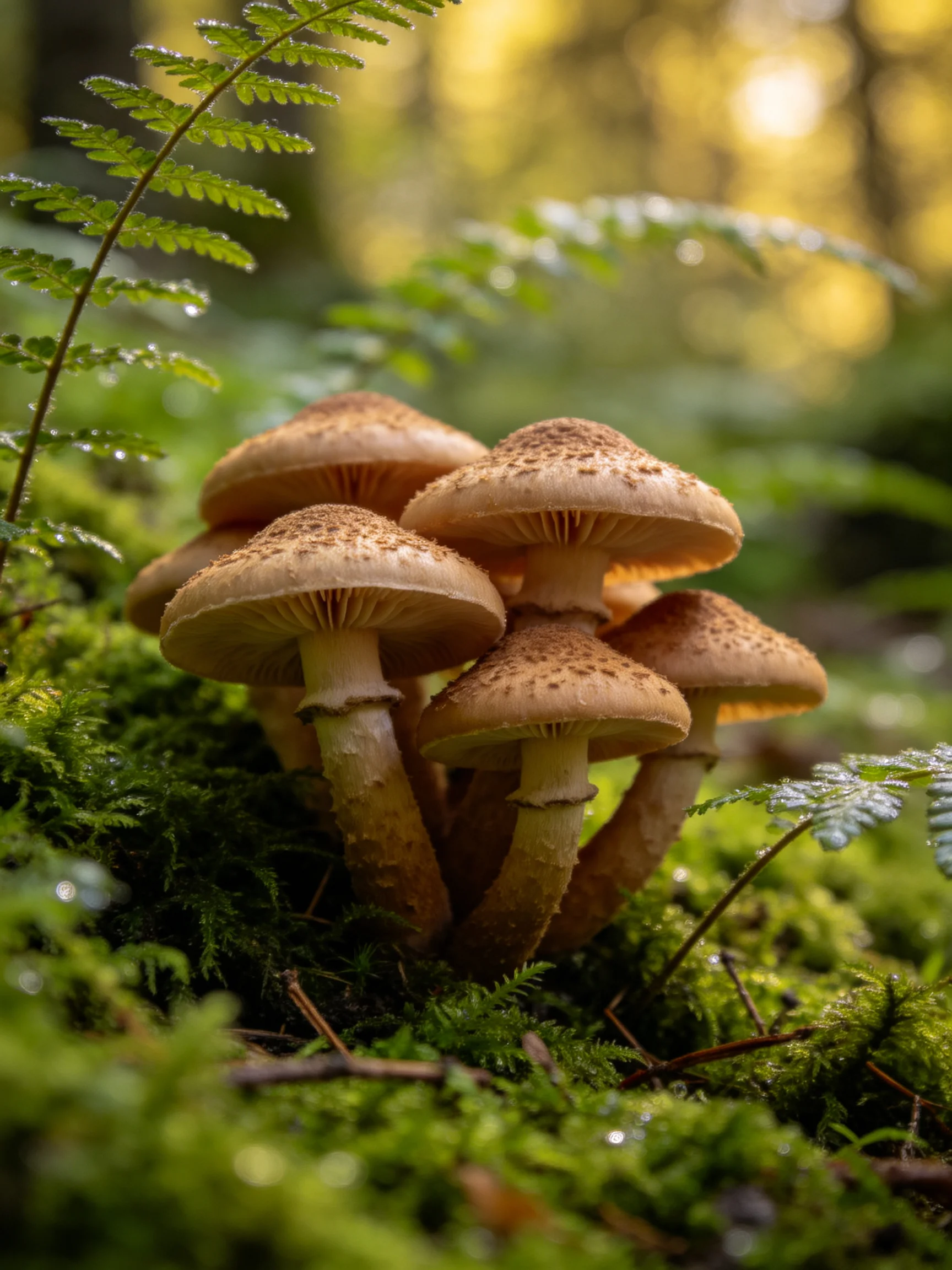 A cluster of brown-capped mushrooms grows among lush green moss and ferns