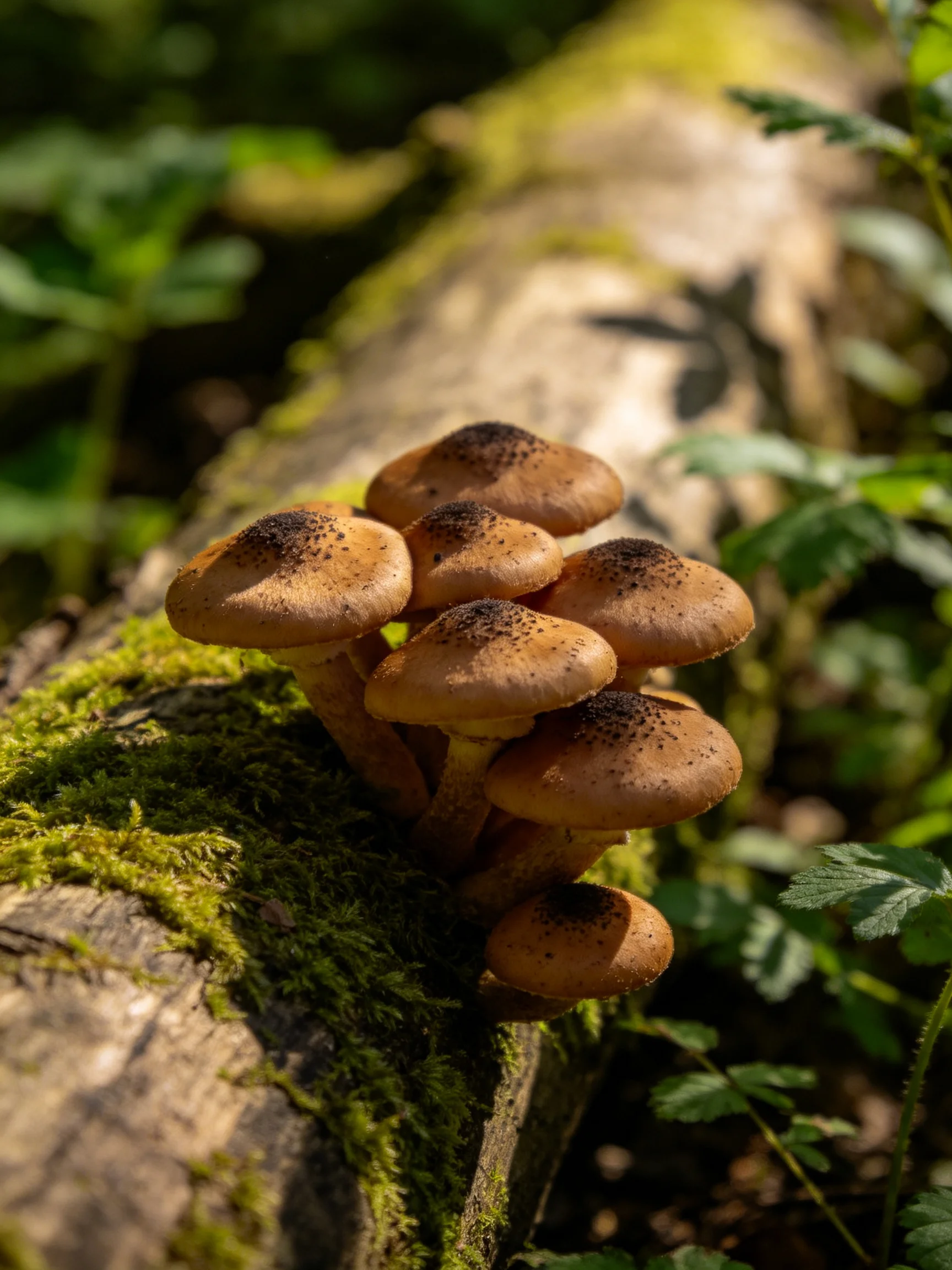 A cluster of brown-capped mushrooms grows on a mossy fallen log