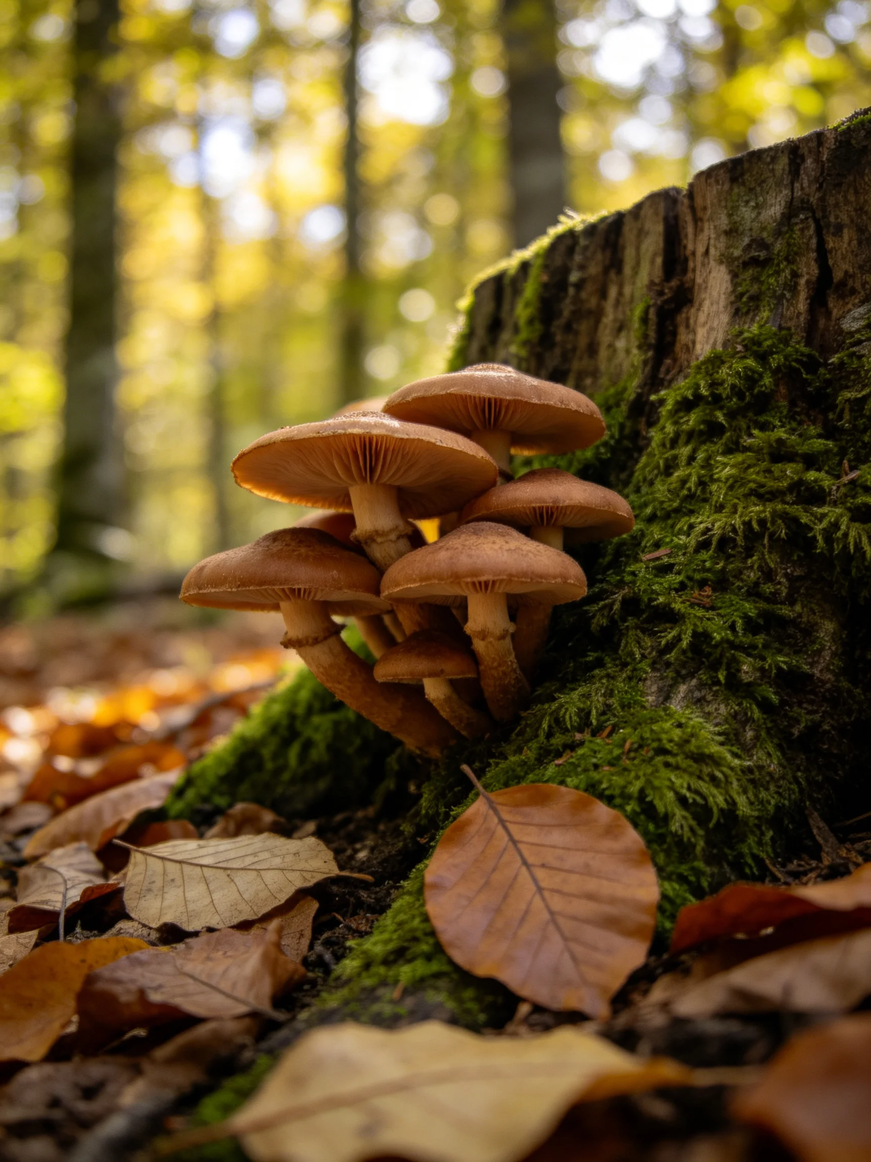 A cluster of brown mushrooms grows beside a moss-covered tree stump in a sunlit forest