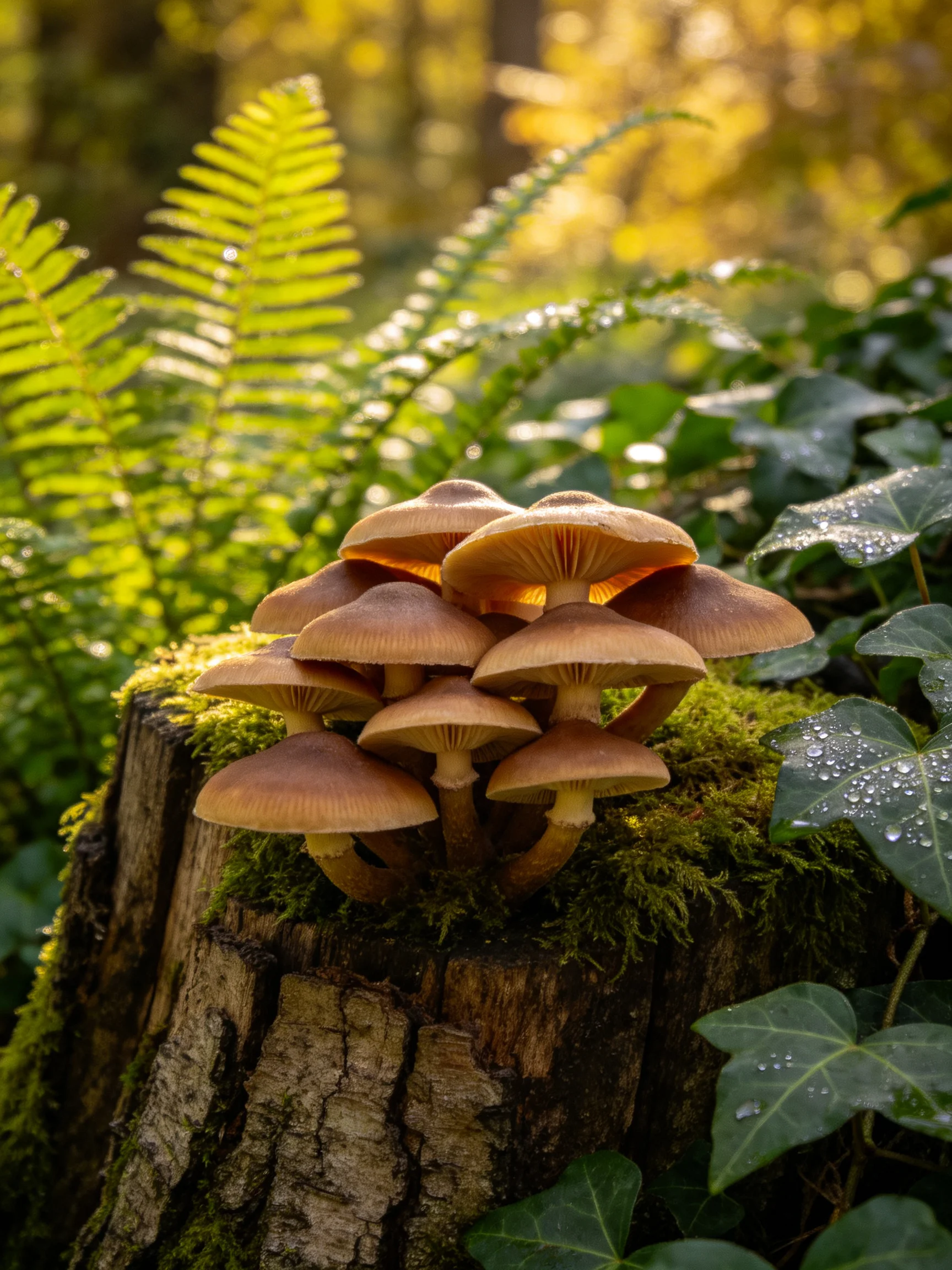A cluster of brown mushrooms grows on a moss-covered tree stump amid ferns