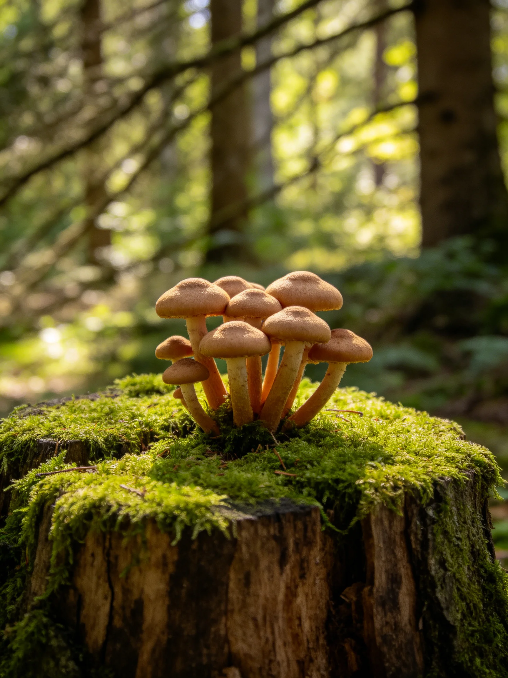 A cluster of brown mushrooms grows on a moss-covered tree stump in a sunlit forest