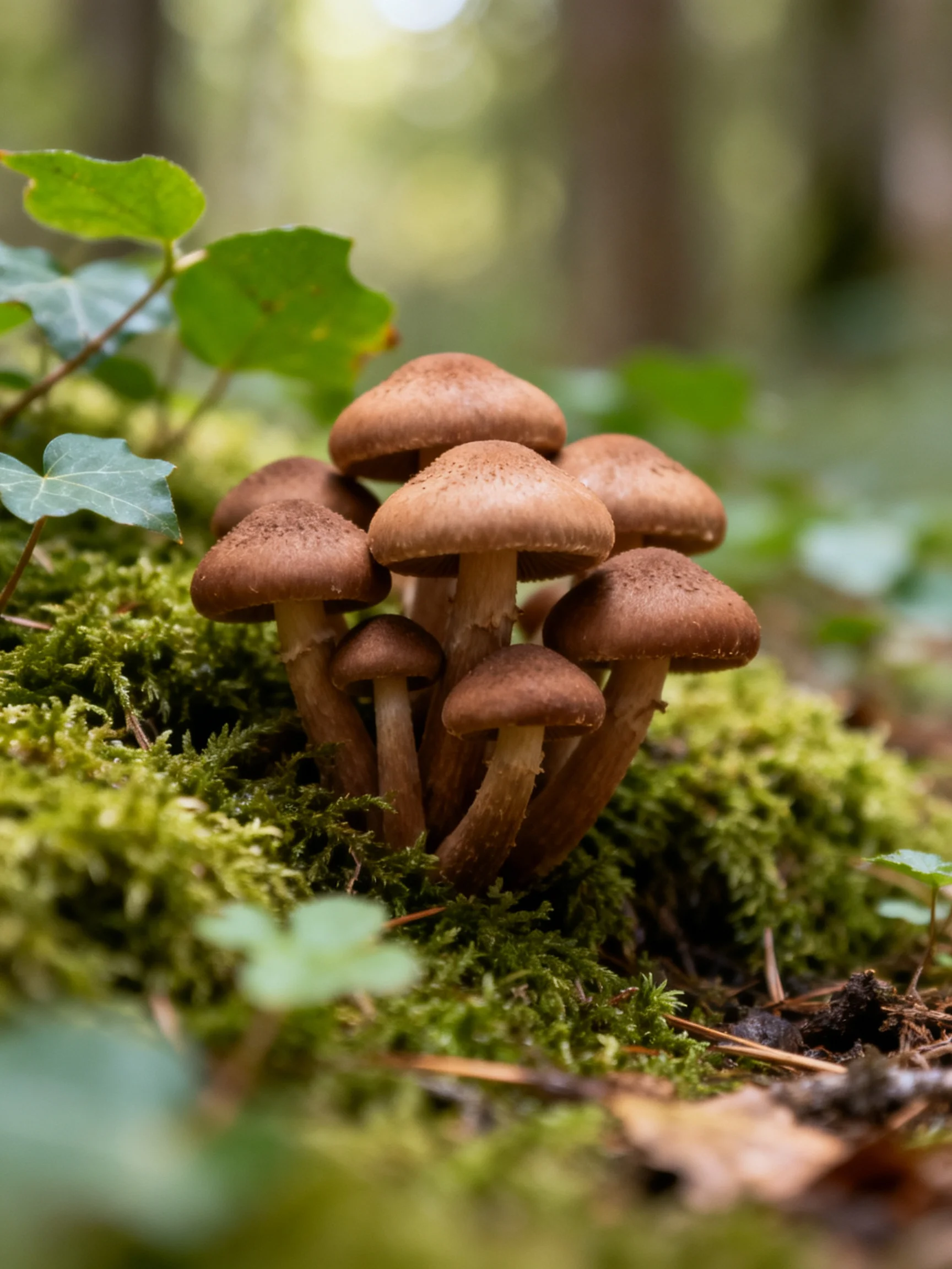 A cluster of brown mushrooms surrounded by lush green moss in a forest