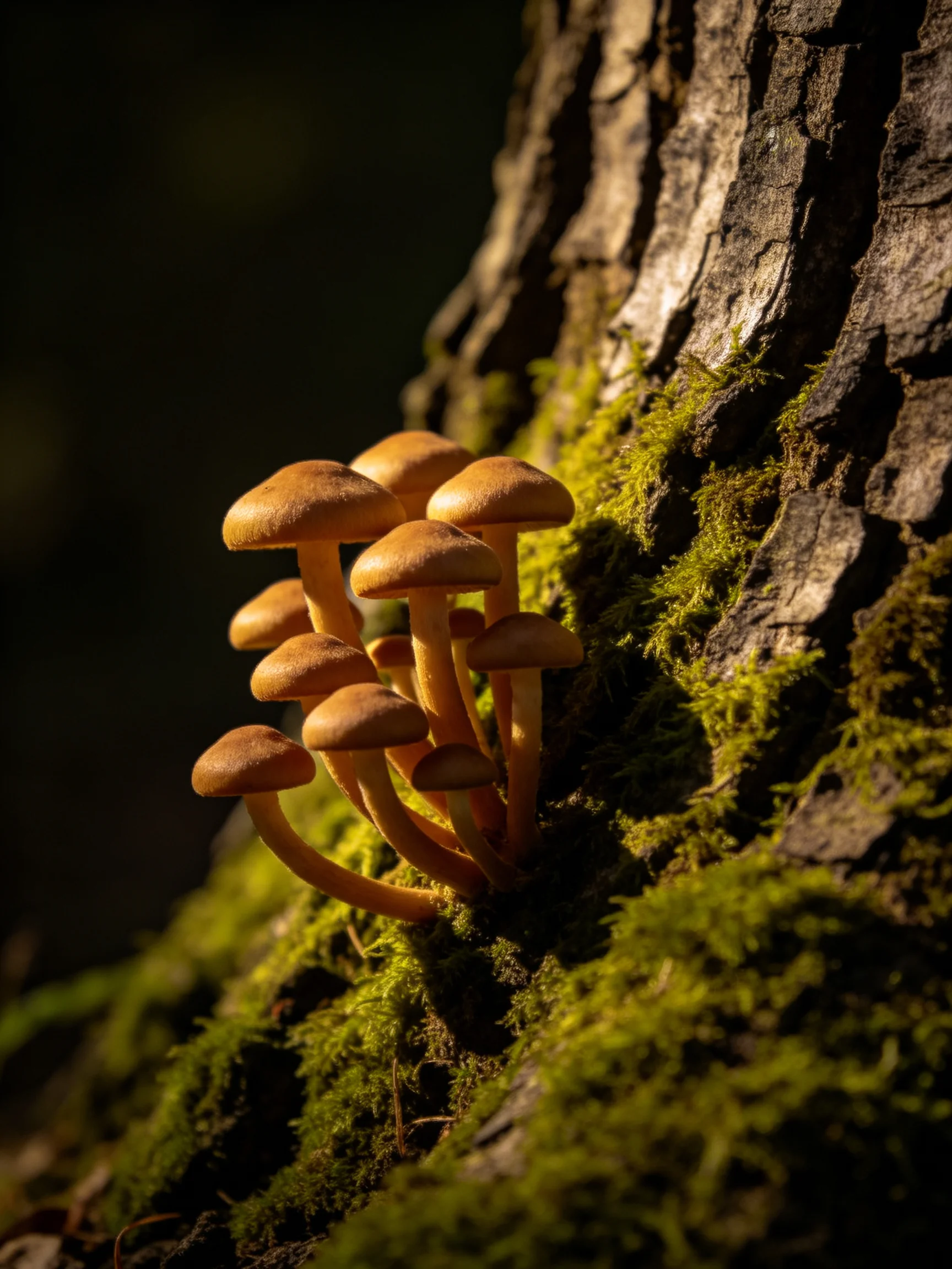 A cluster of orange mushrooms grows on a moss-covered tree trunk