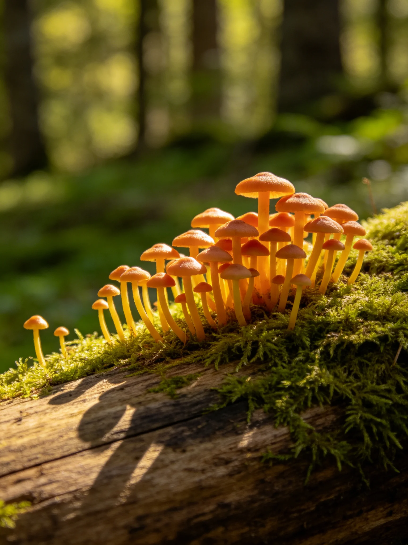 A cluster of orange mushrooms grows on moss-covered wooden log
