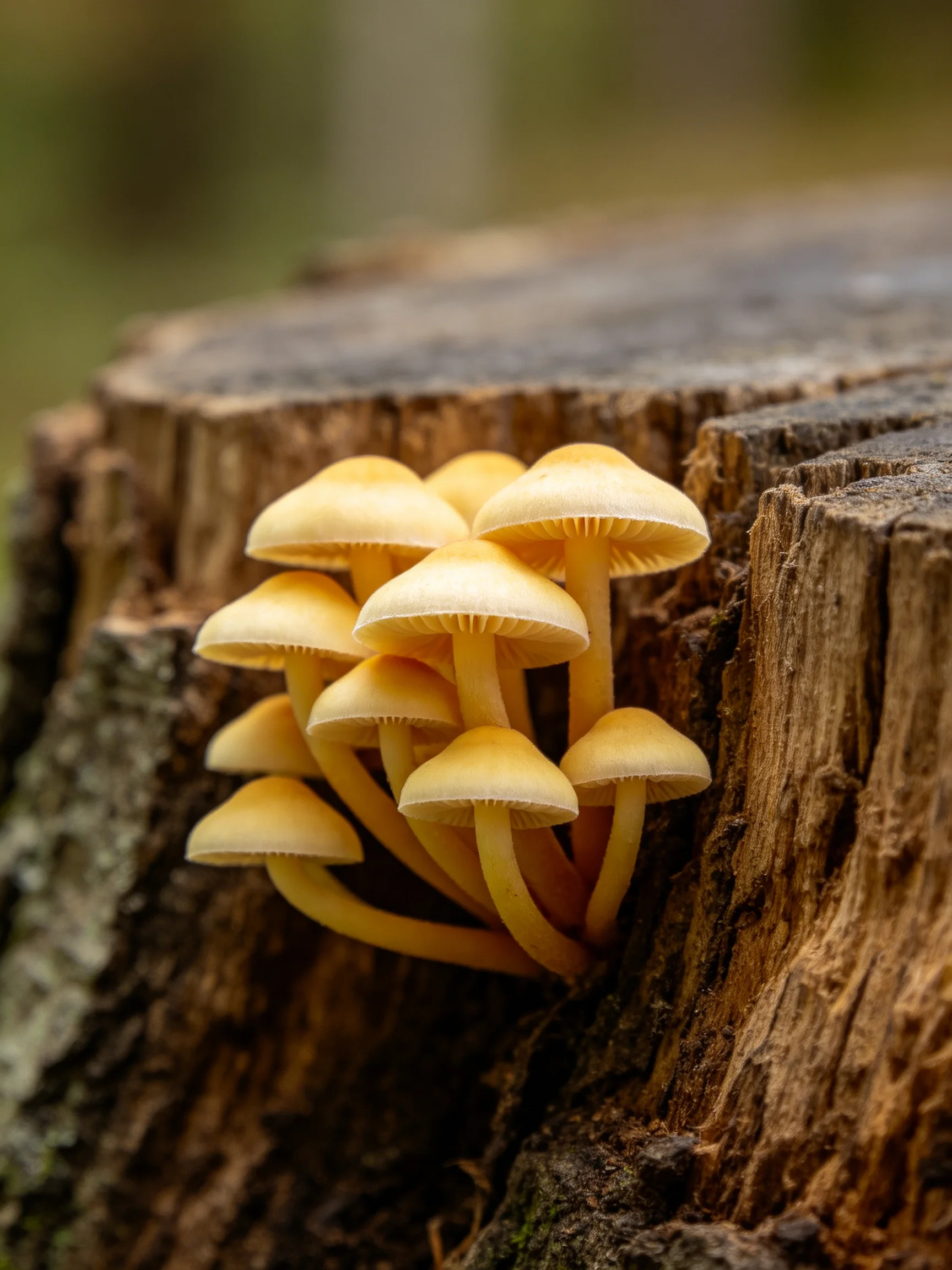 A cluster of pale yellow mushrooms grows on a weathered tree stump