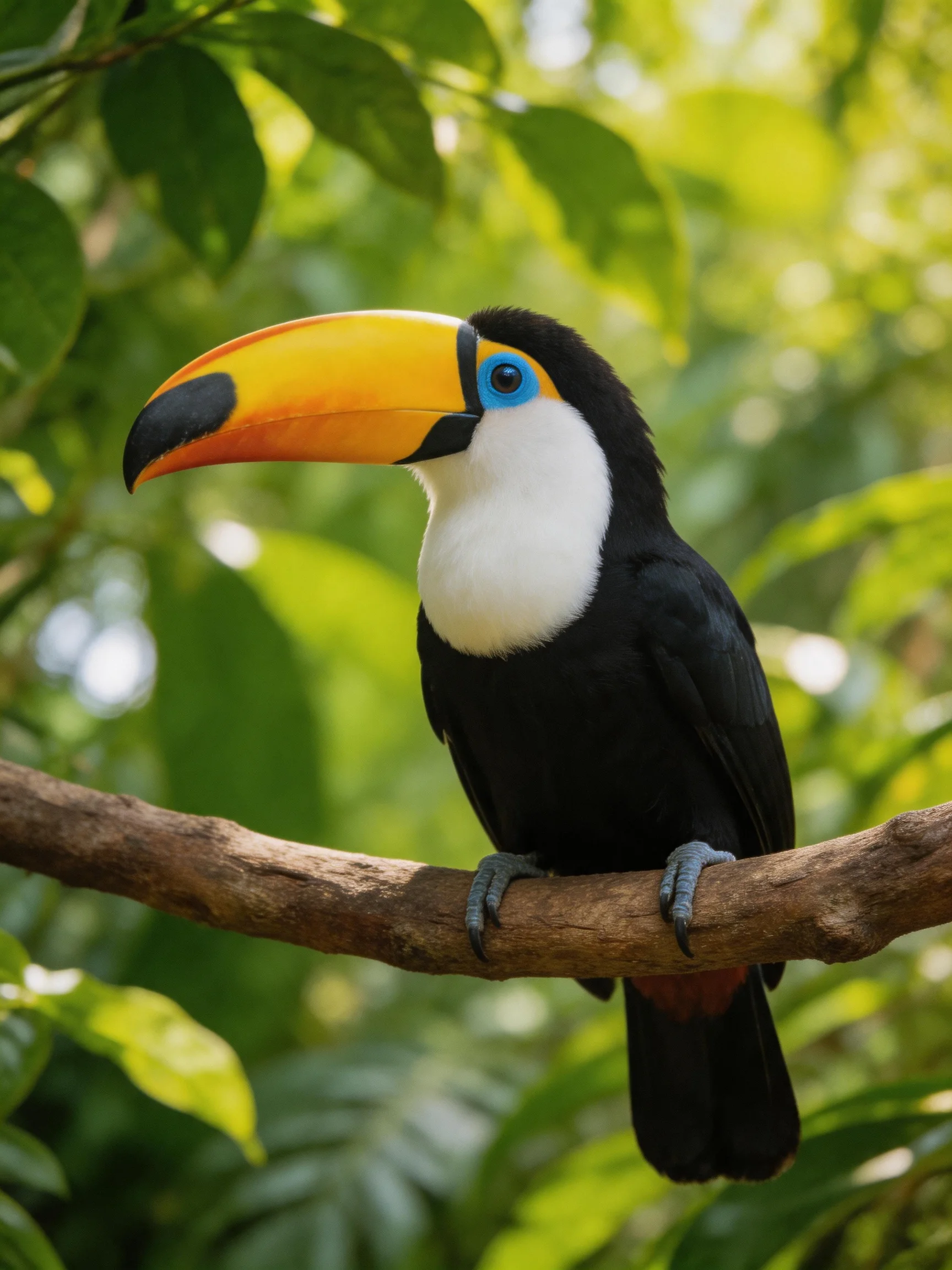A colorful toucan perched on a tree branch in lush greenery