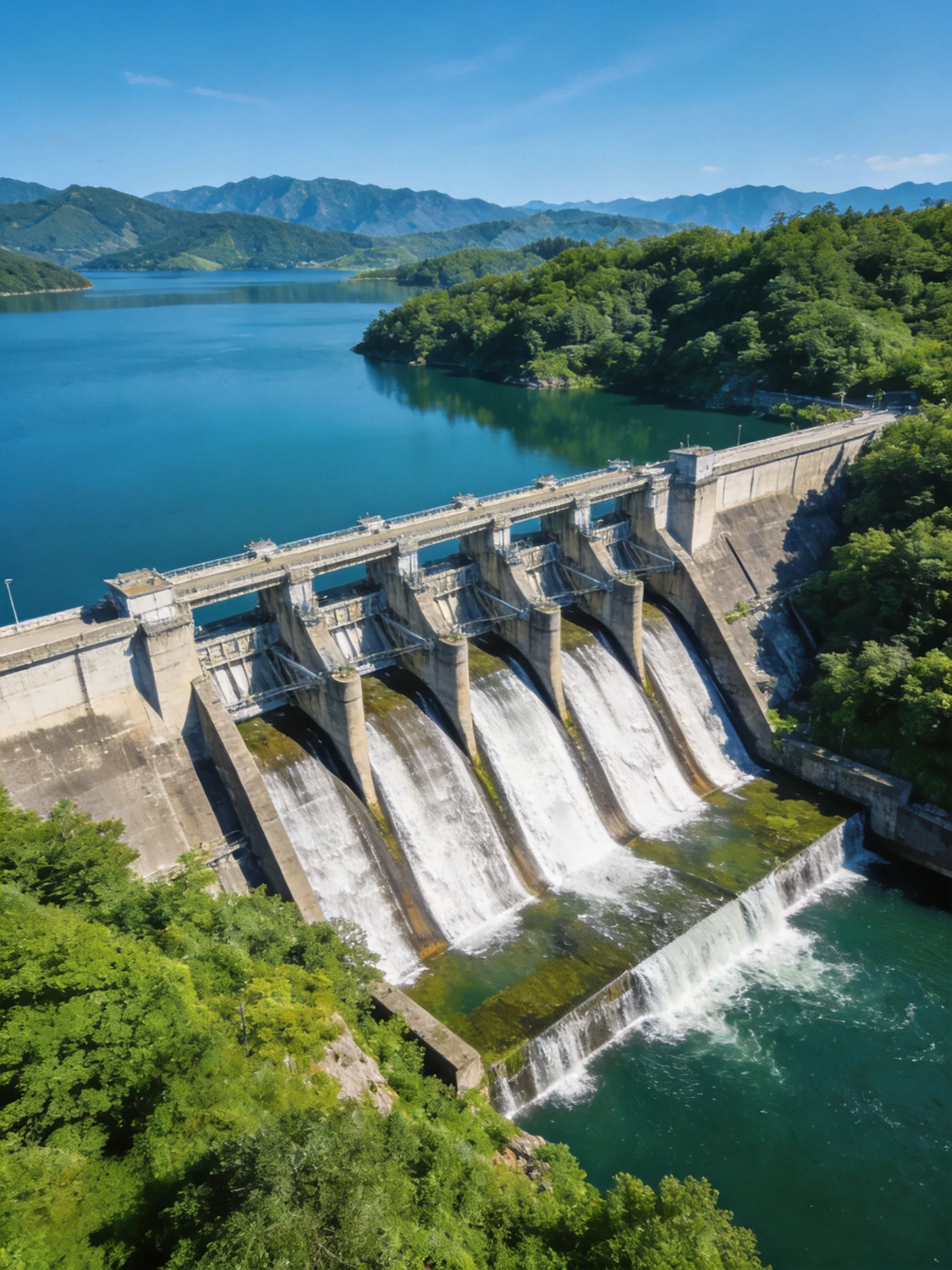 A concrete dam with five spillways over blue-green water near forested hills