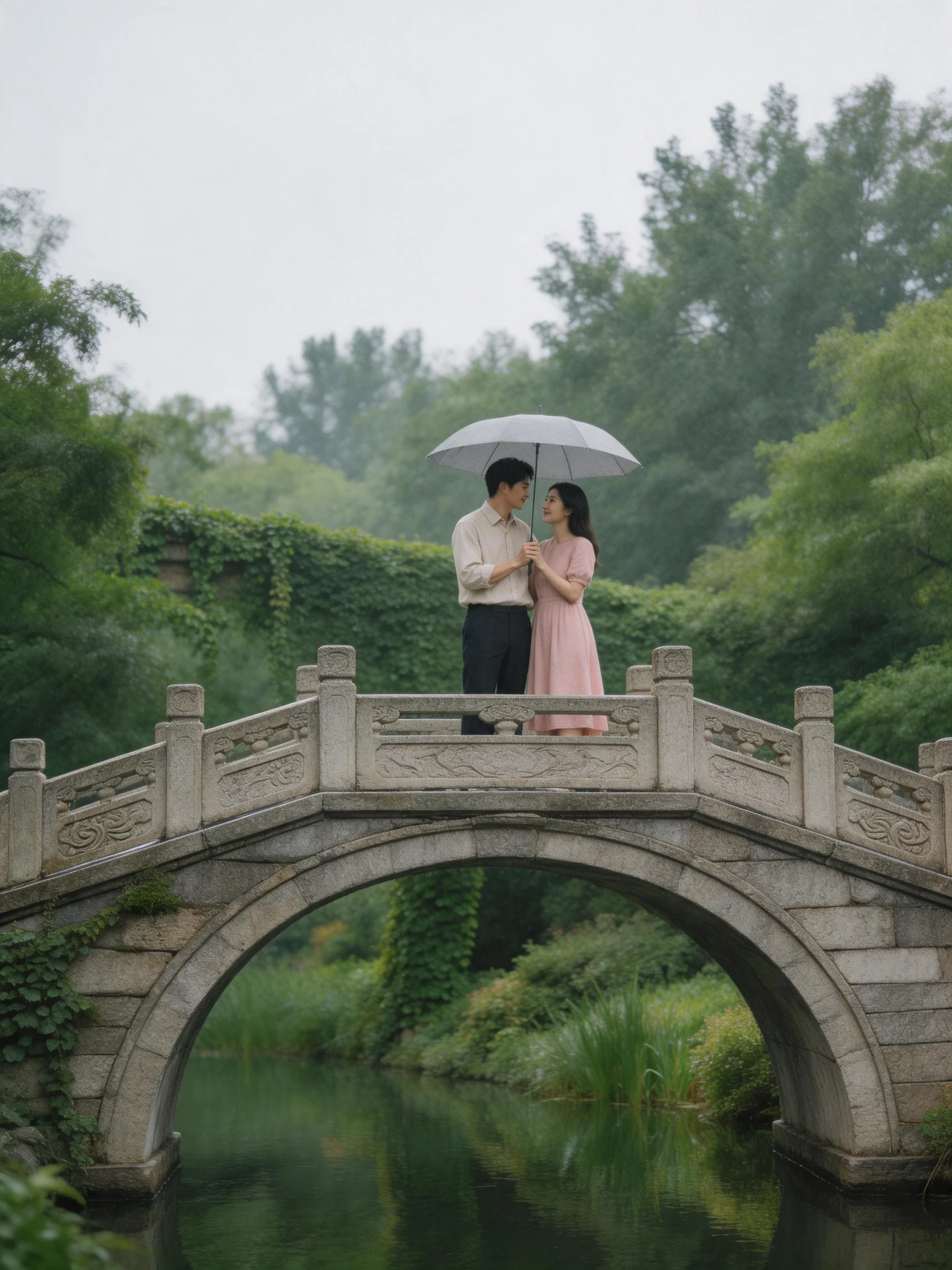 A couple sharing an umbrella on a stone arch bridge over calm water