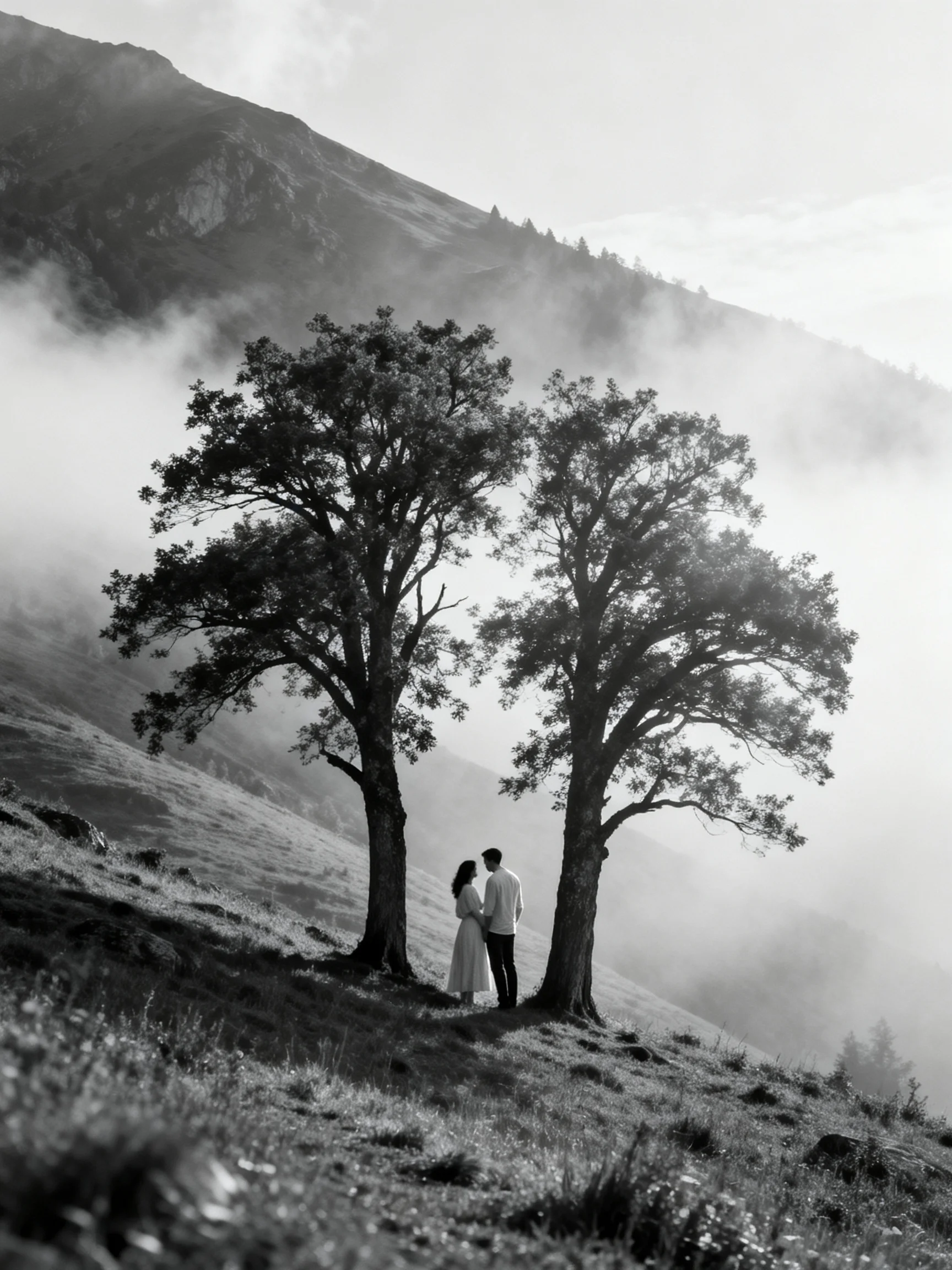 A couple stands between two large trees in a misty mountain meadow