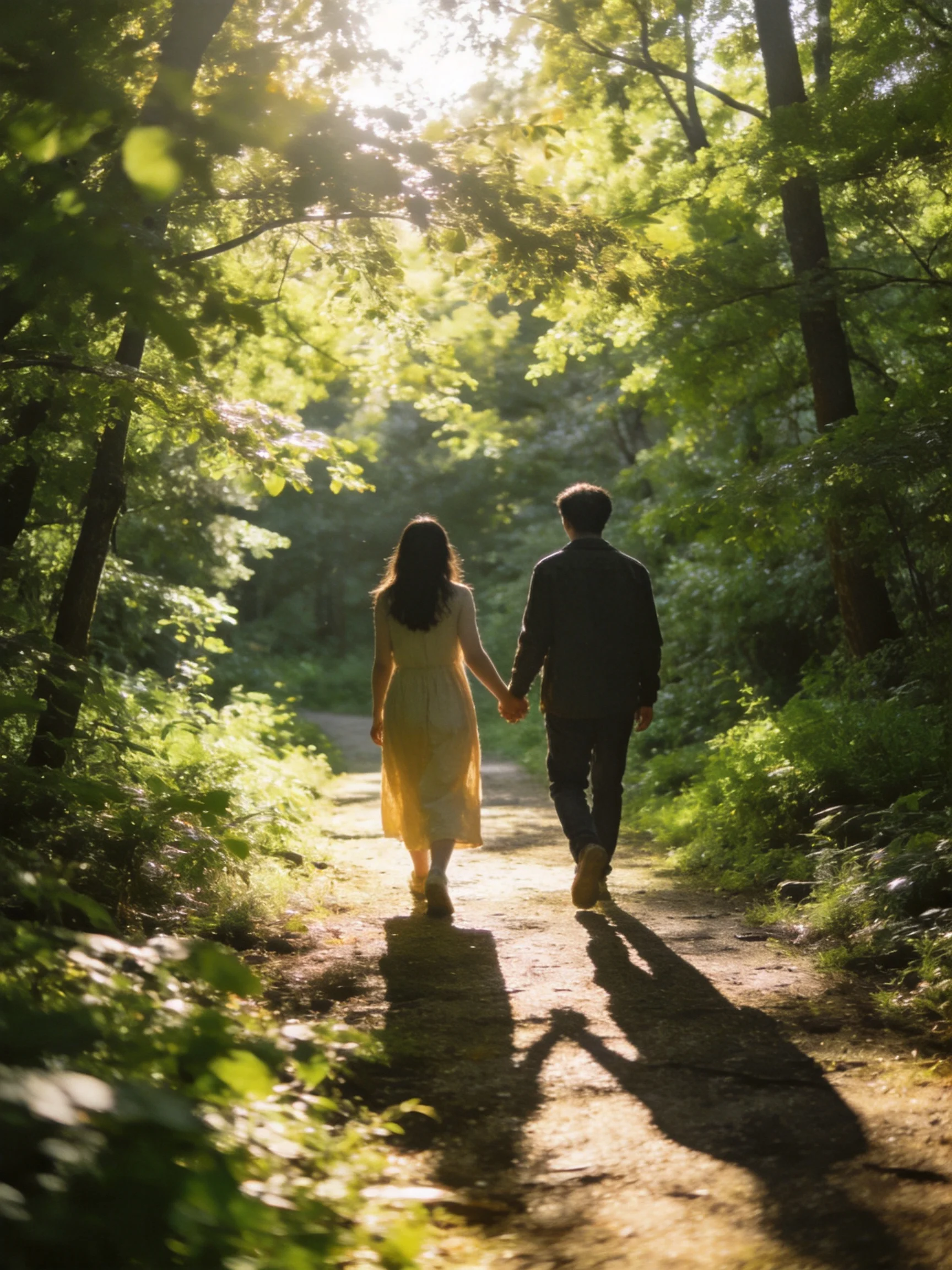 A couple walks hand-in-hand through a sunlit forest path