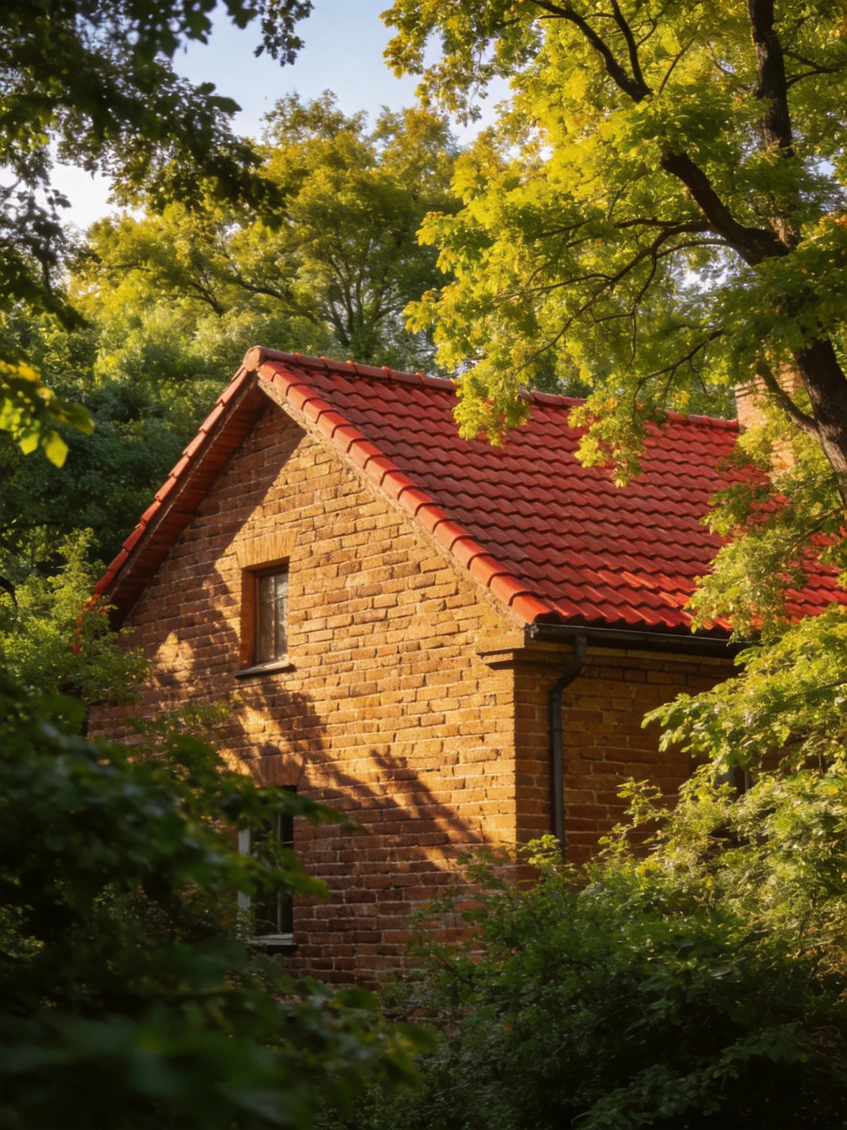 A cozy brick cottage with vibrant red roof amid lush greenery