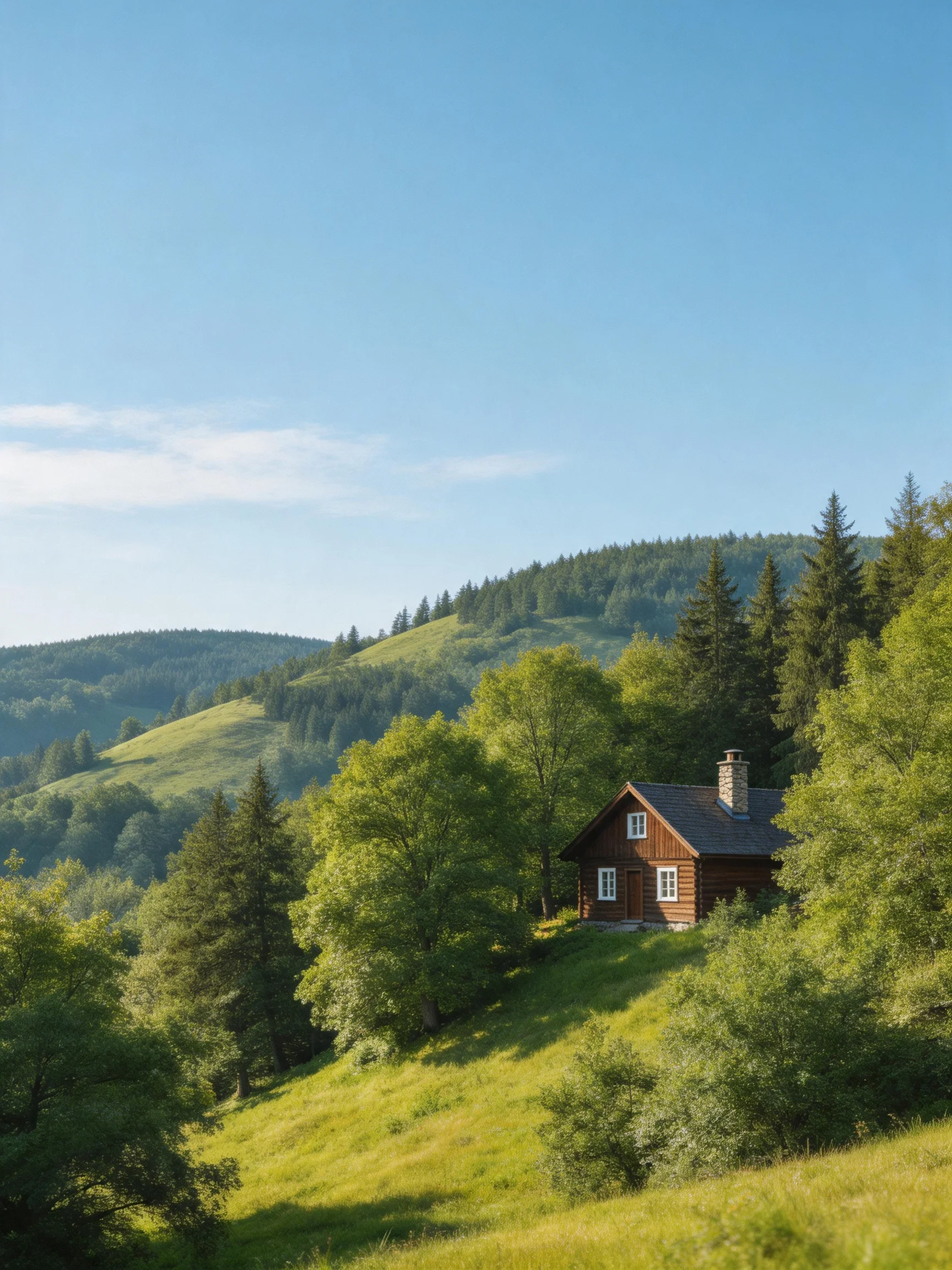 A cozy brown cabin nestled among lush green hills and trees