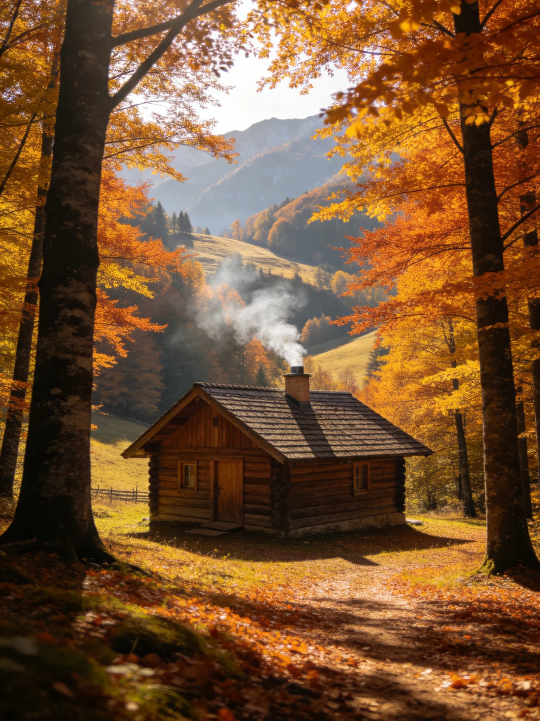 A cozy log cabin amid golden autumn foliage near misty mountains