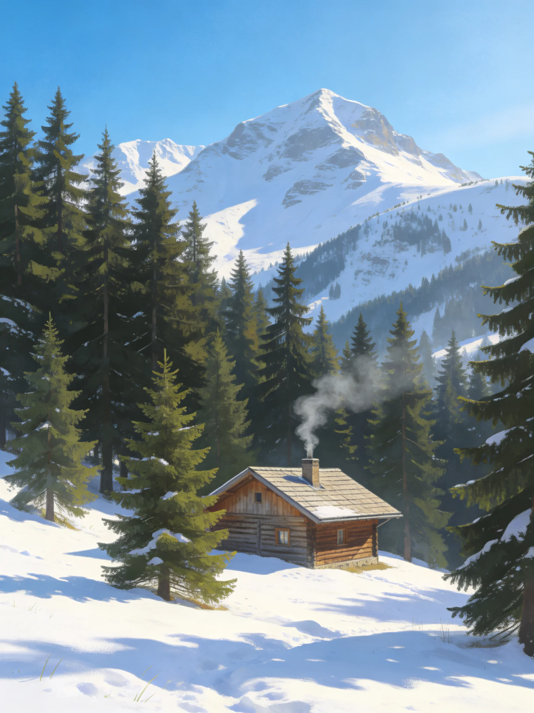 A cozy log cabin amid snow-covered pines near towering mountains