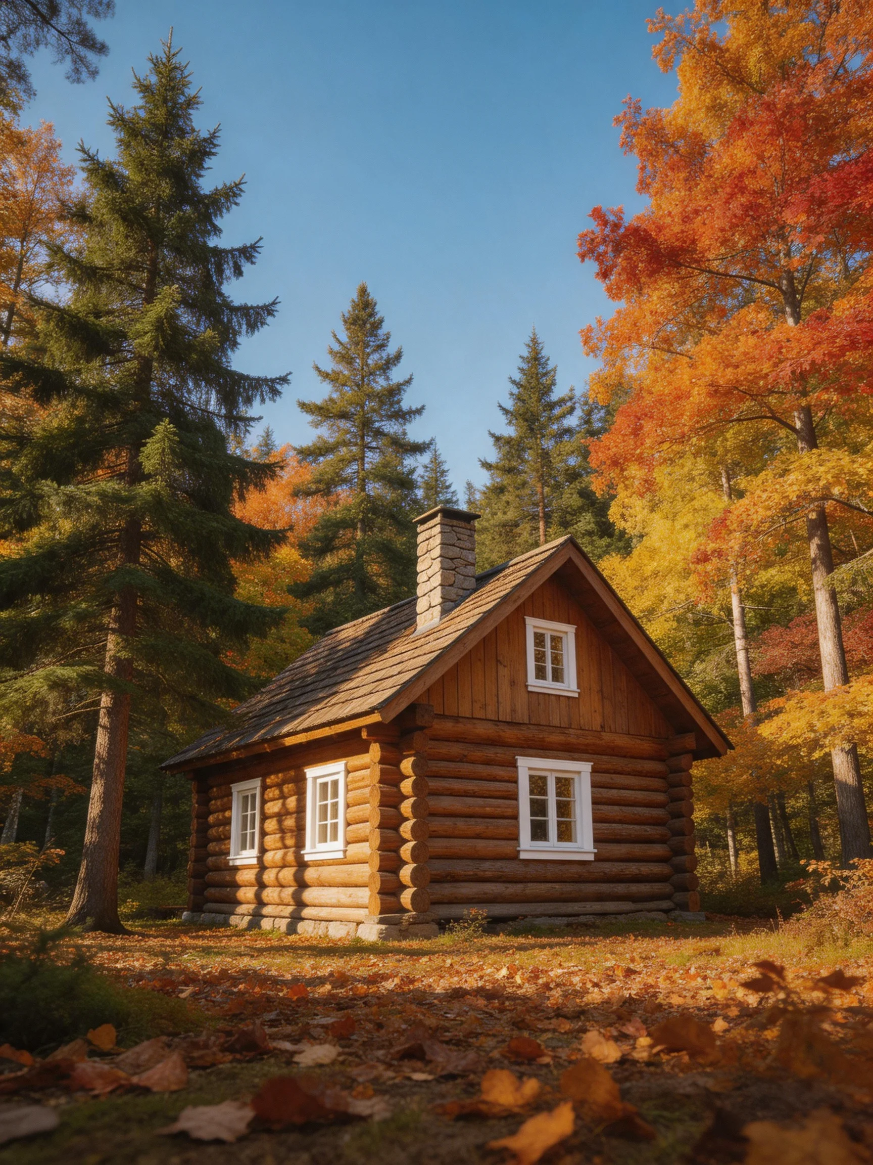 A cozy log cabin amid vibrant fall trees