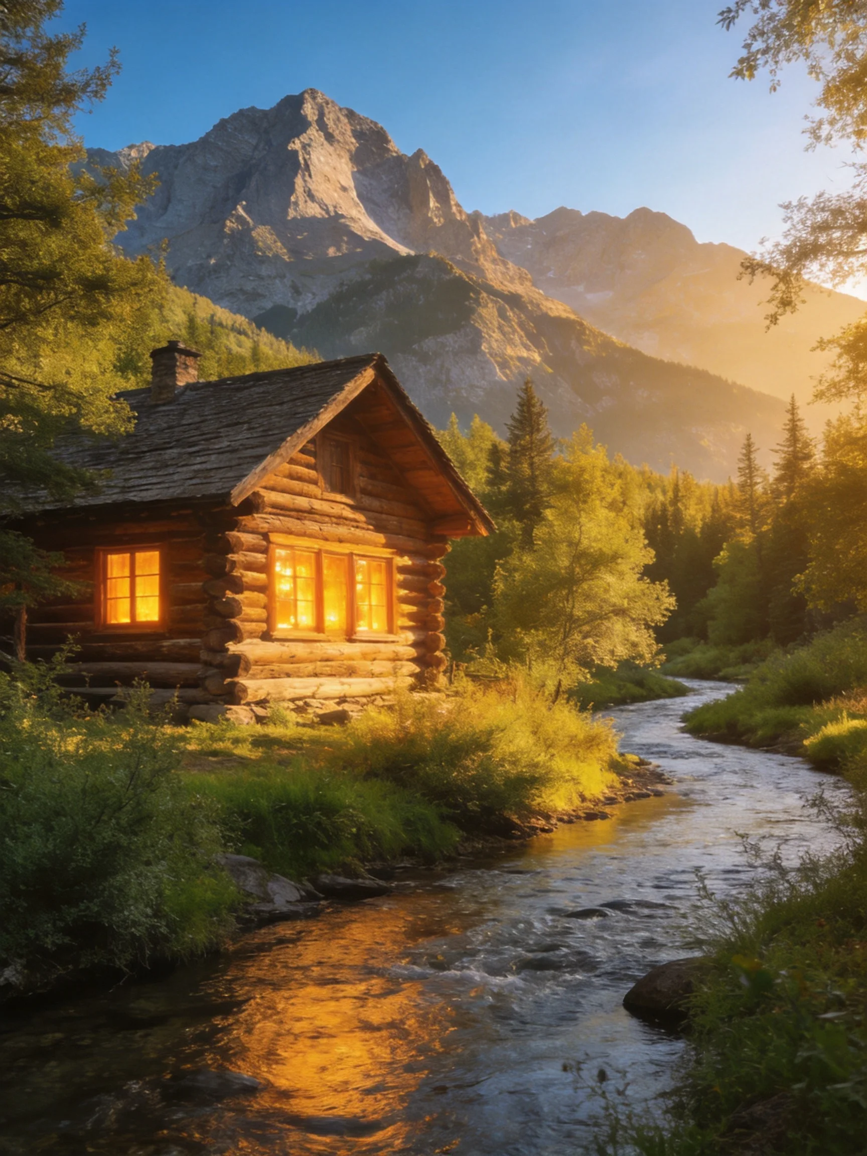 A cozy log cabin beside a winding stream near towering mountains