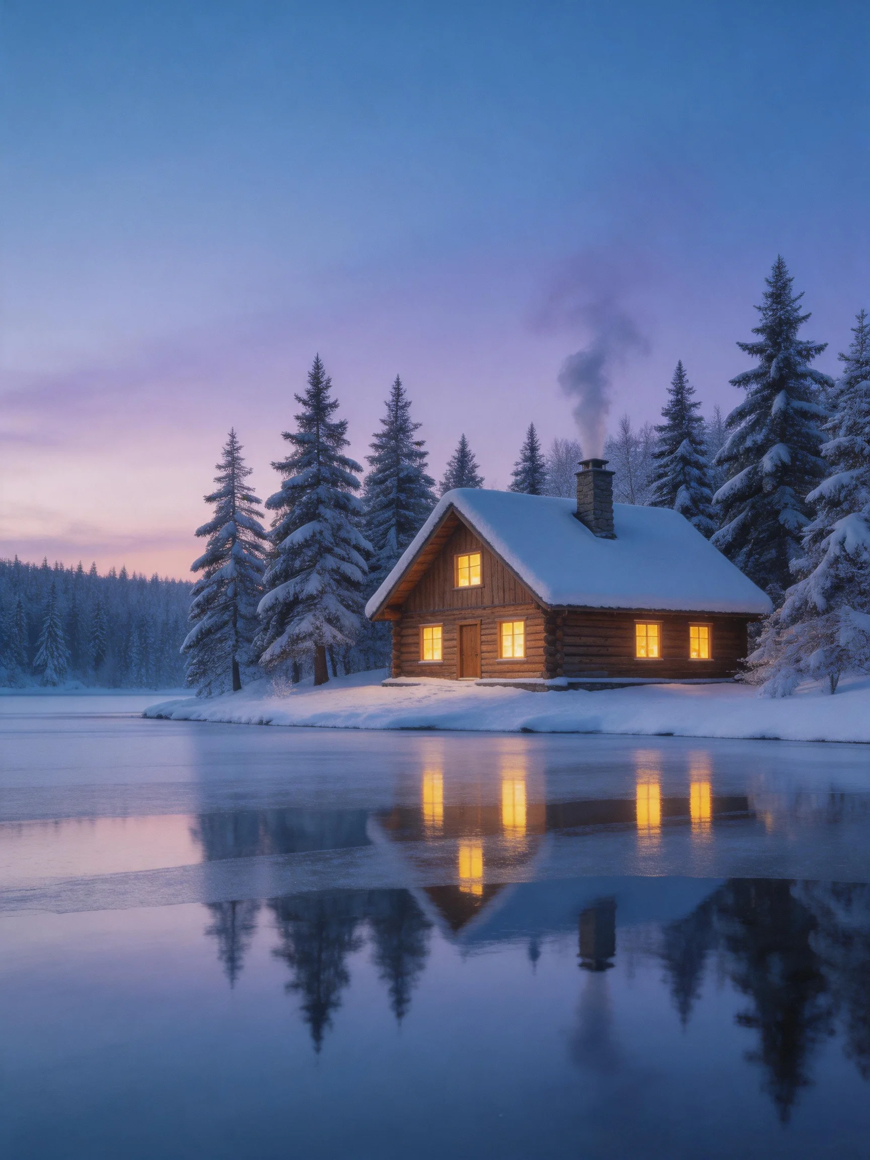 A cozy log cabin by a frozen lake amid snow-covered pines