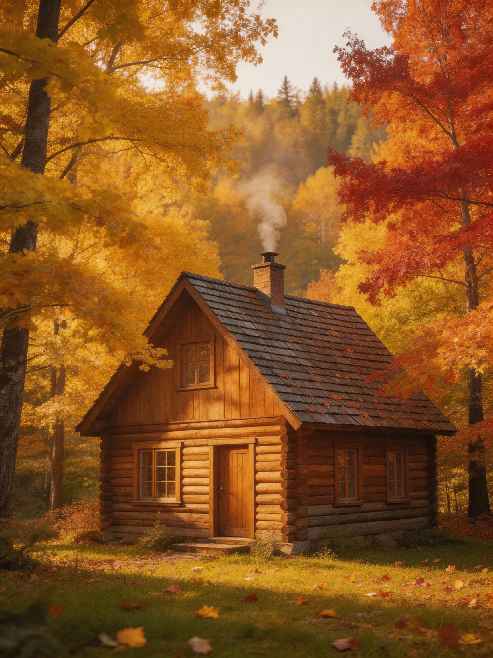 A cozy log cabin nestled among golden and crimson autumn trees