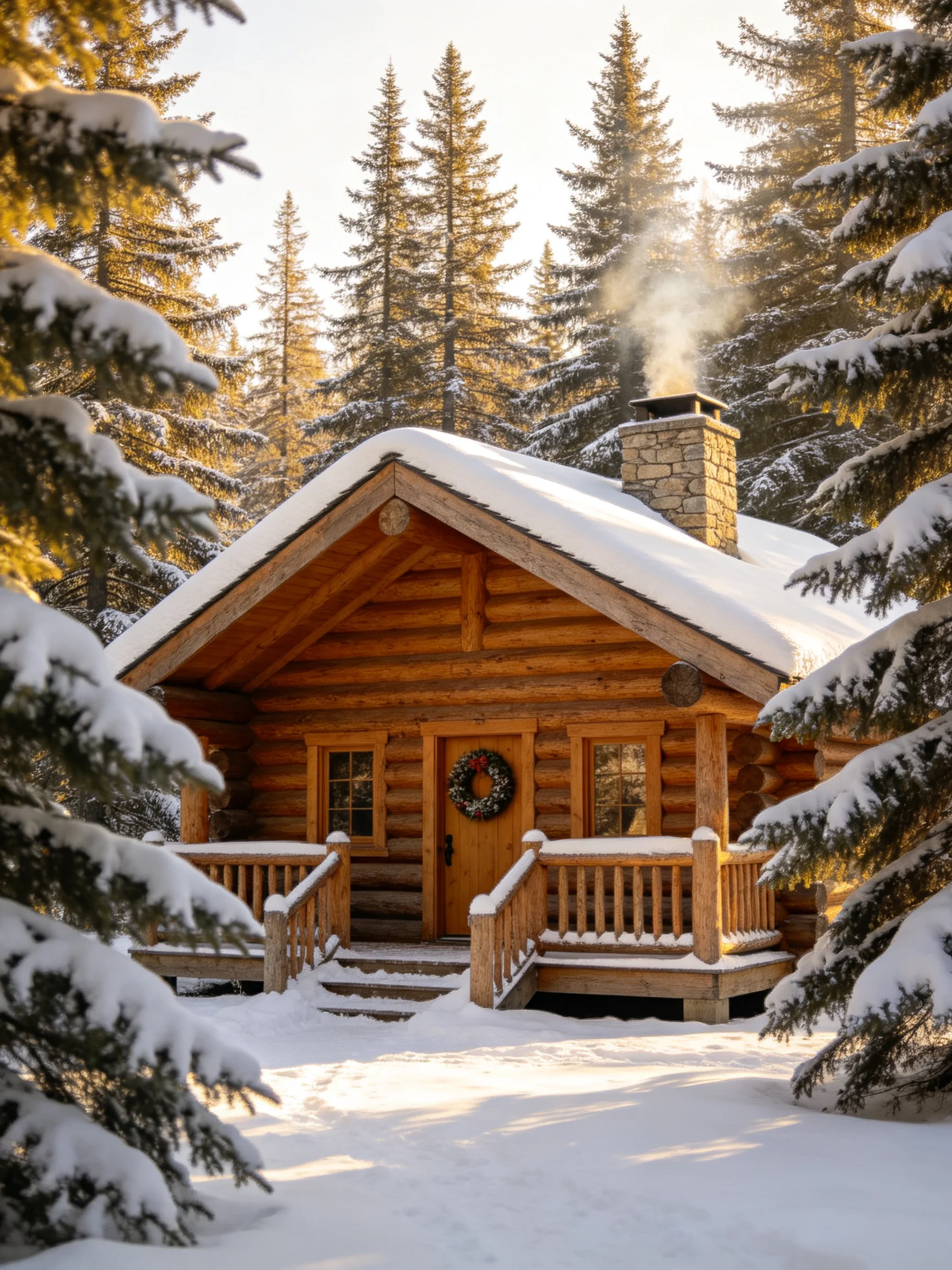 A cozy log cabin nestled among snow-laden evergreen trees
