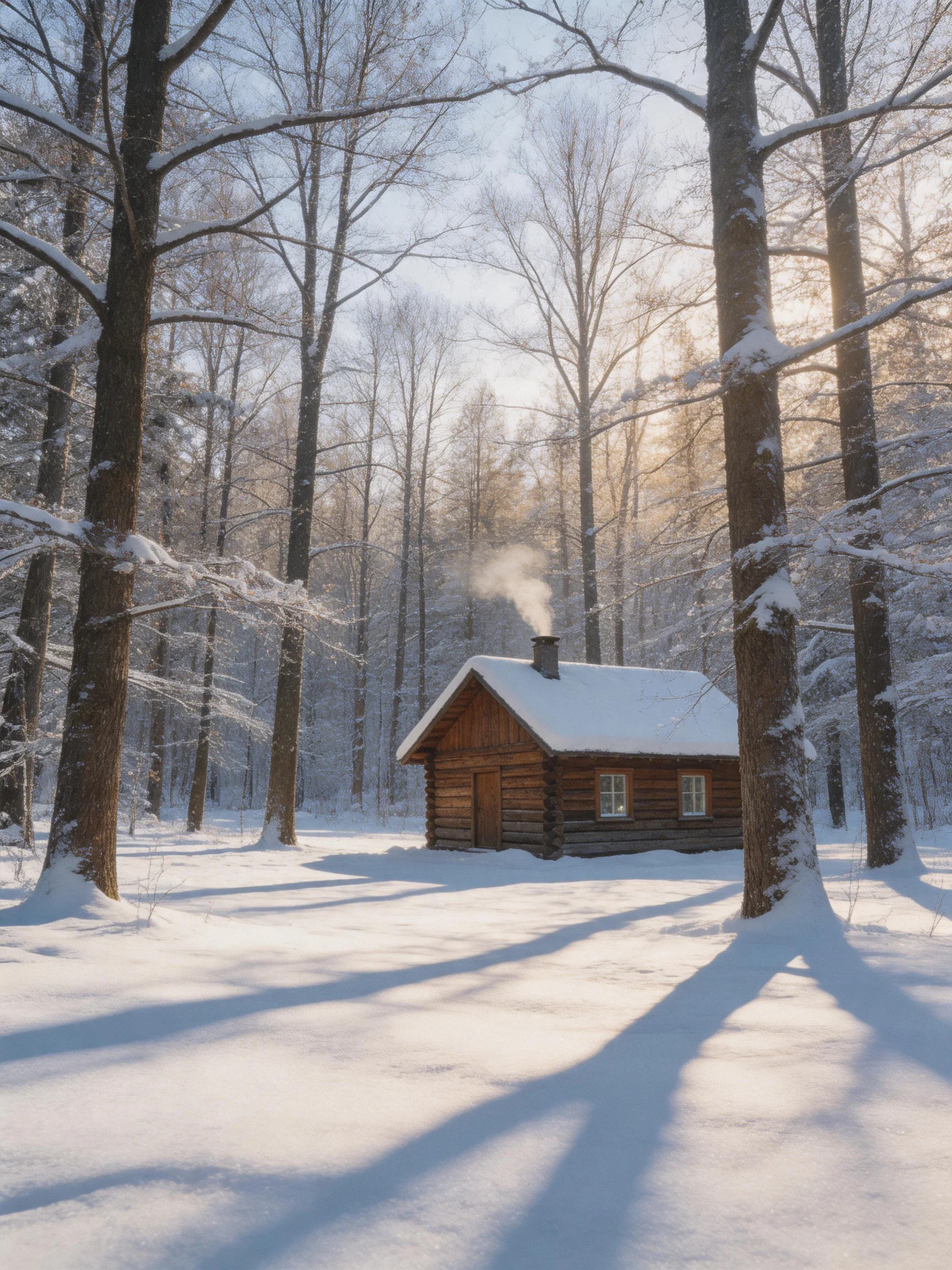 A cozy log cabin nestled among snow-laden tall trees