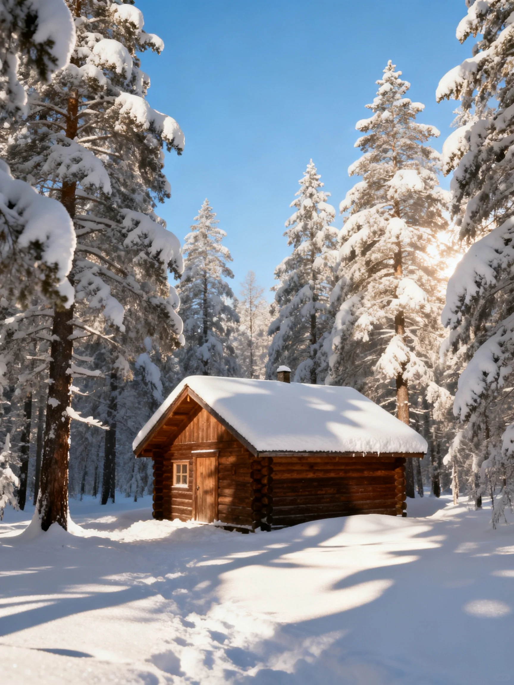 A cozy log cabin nestled among tall snow-laden pine trees