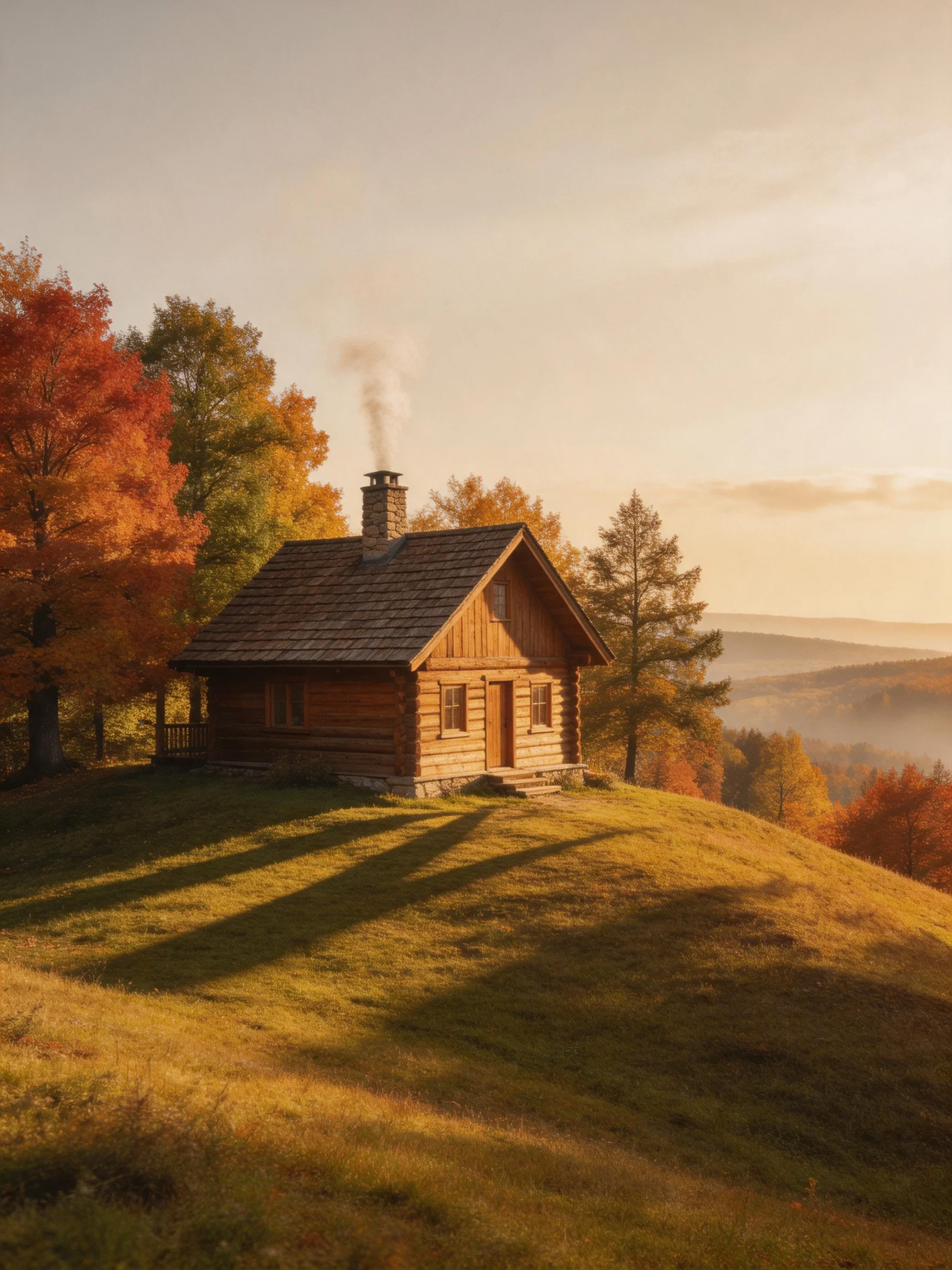 A cozy log cabin sits atop a grassy hill with autumn foliage