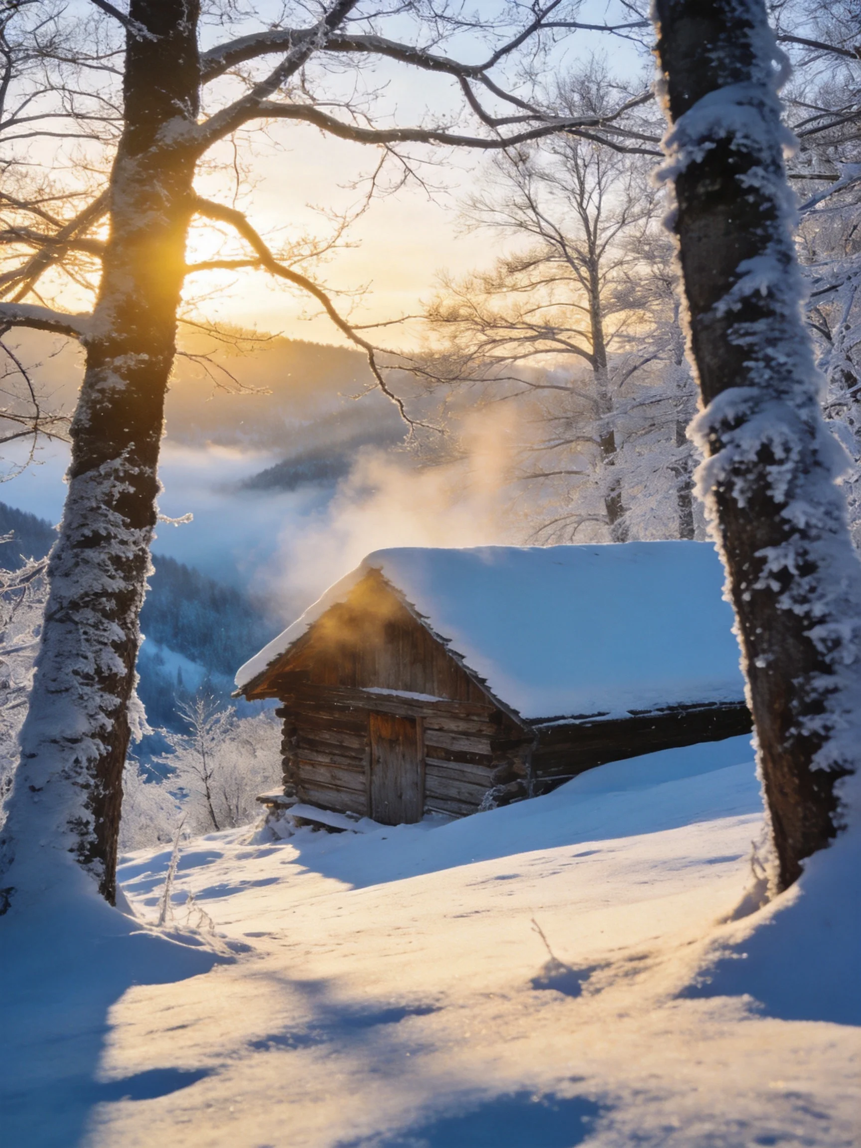 A cozy log cabin surrounded by snow-covered trees at dawn