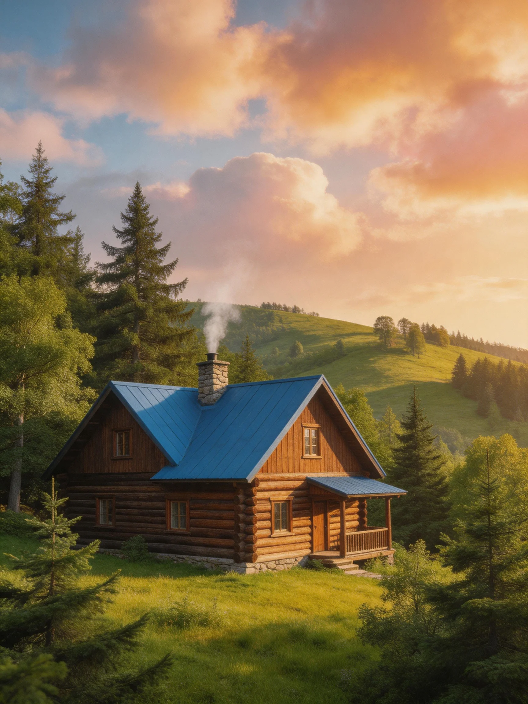 A cozy log cabin with blue roof near lush forest hills