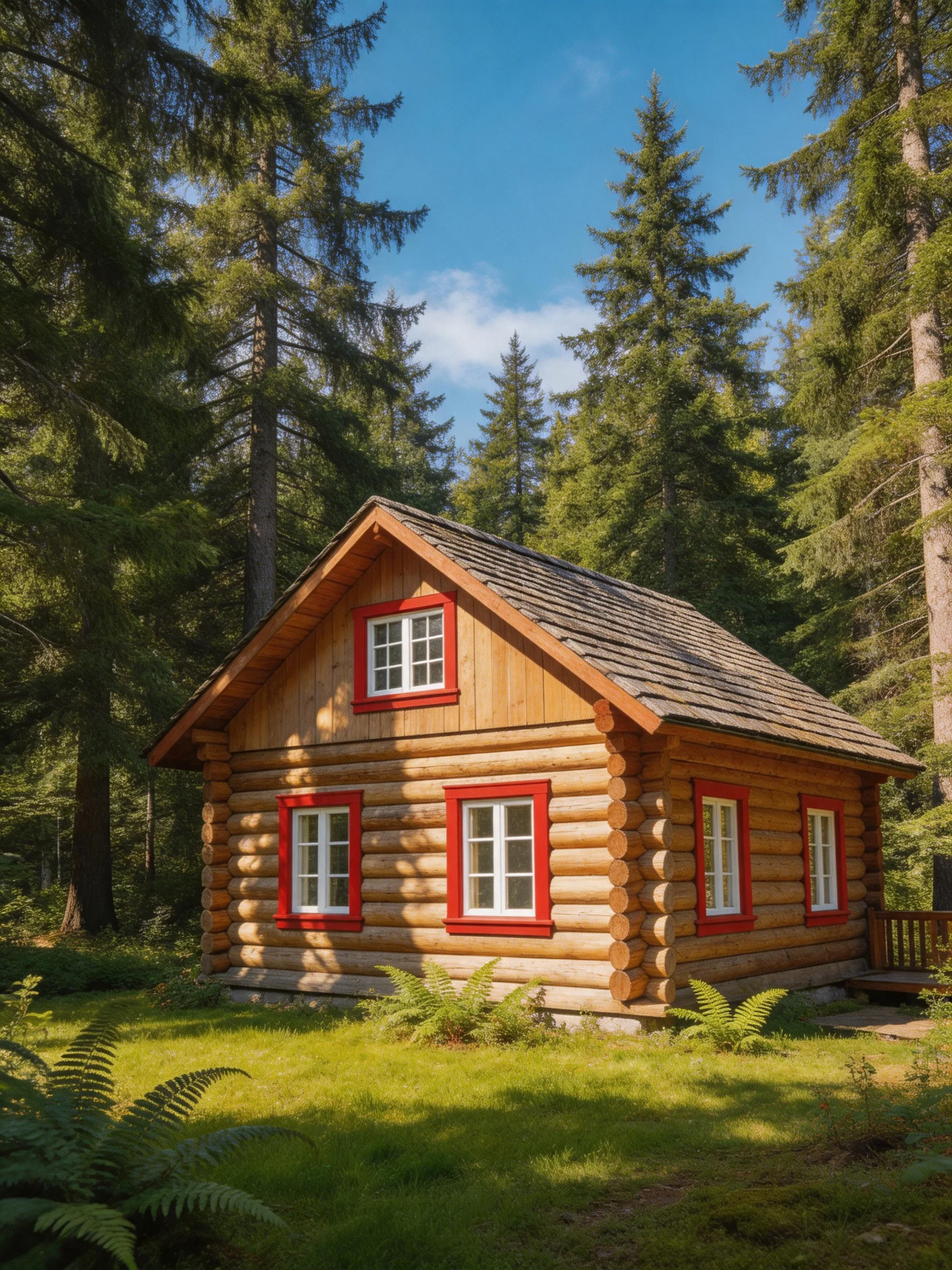 A cozy log cabin with red-trimmed windows nestled among tall evergreens