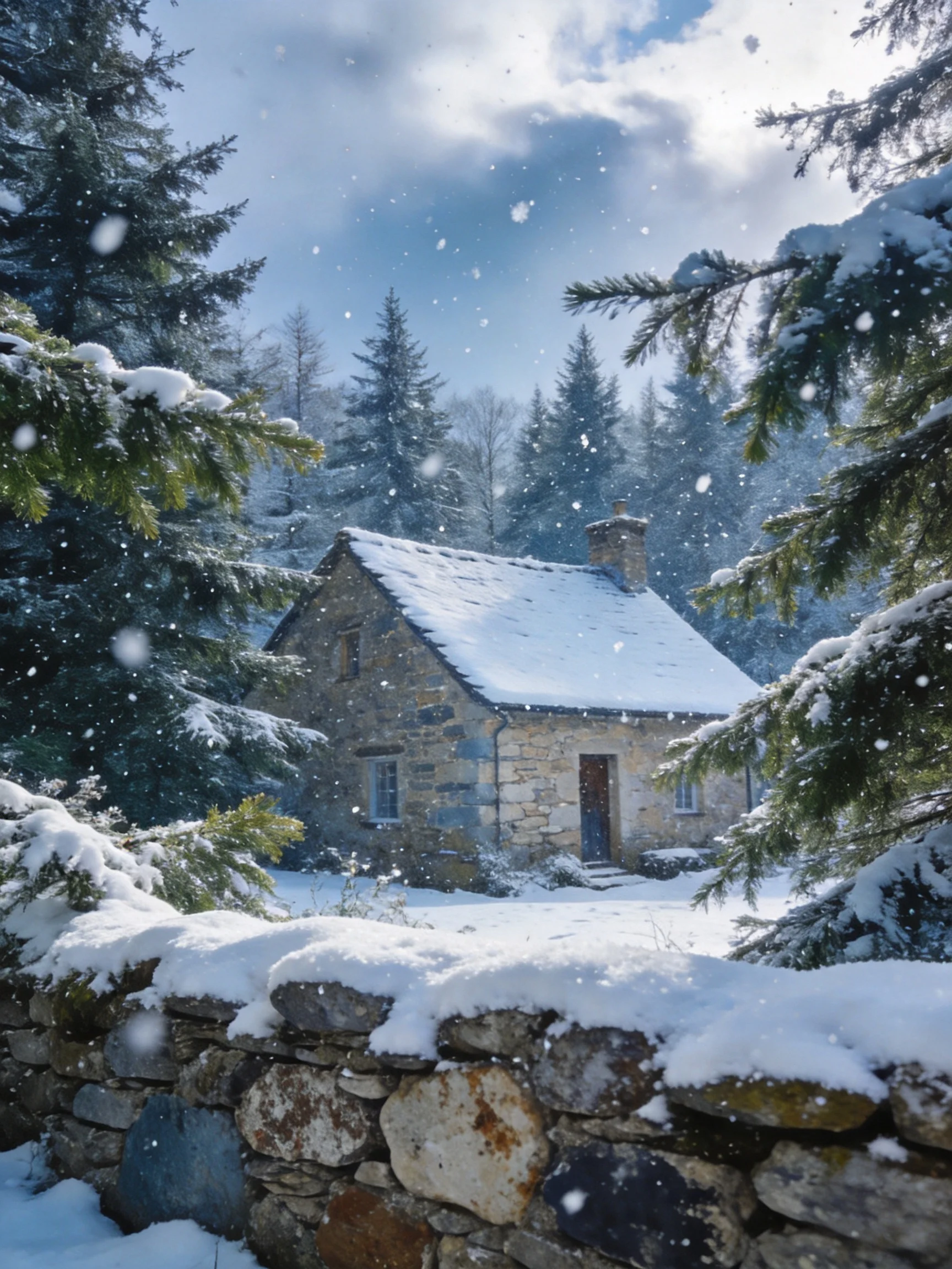 A cozy stone cottage blanketed in snow amid evergreen trees
