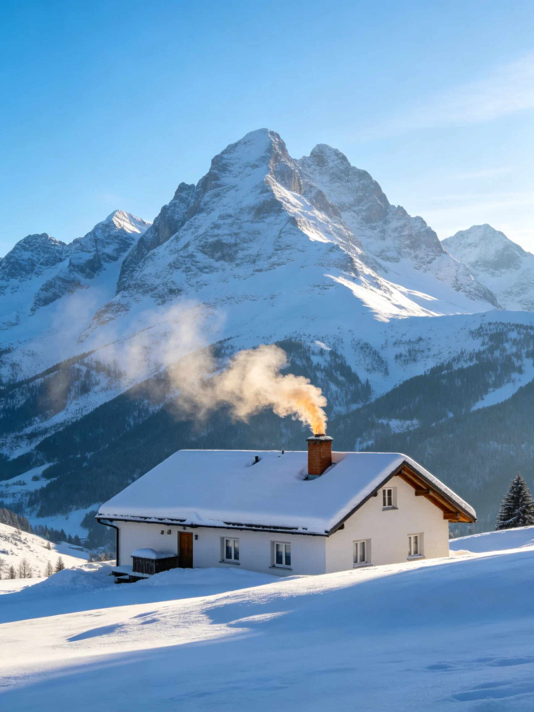 A cozy white cottage with smoke, set against towering snow - capped mountains